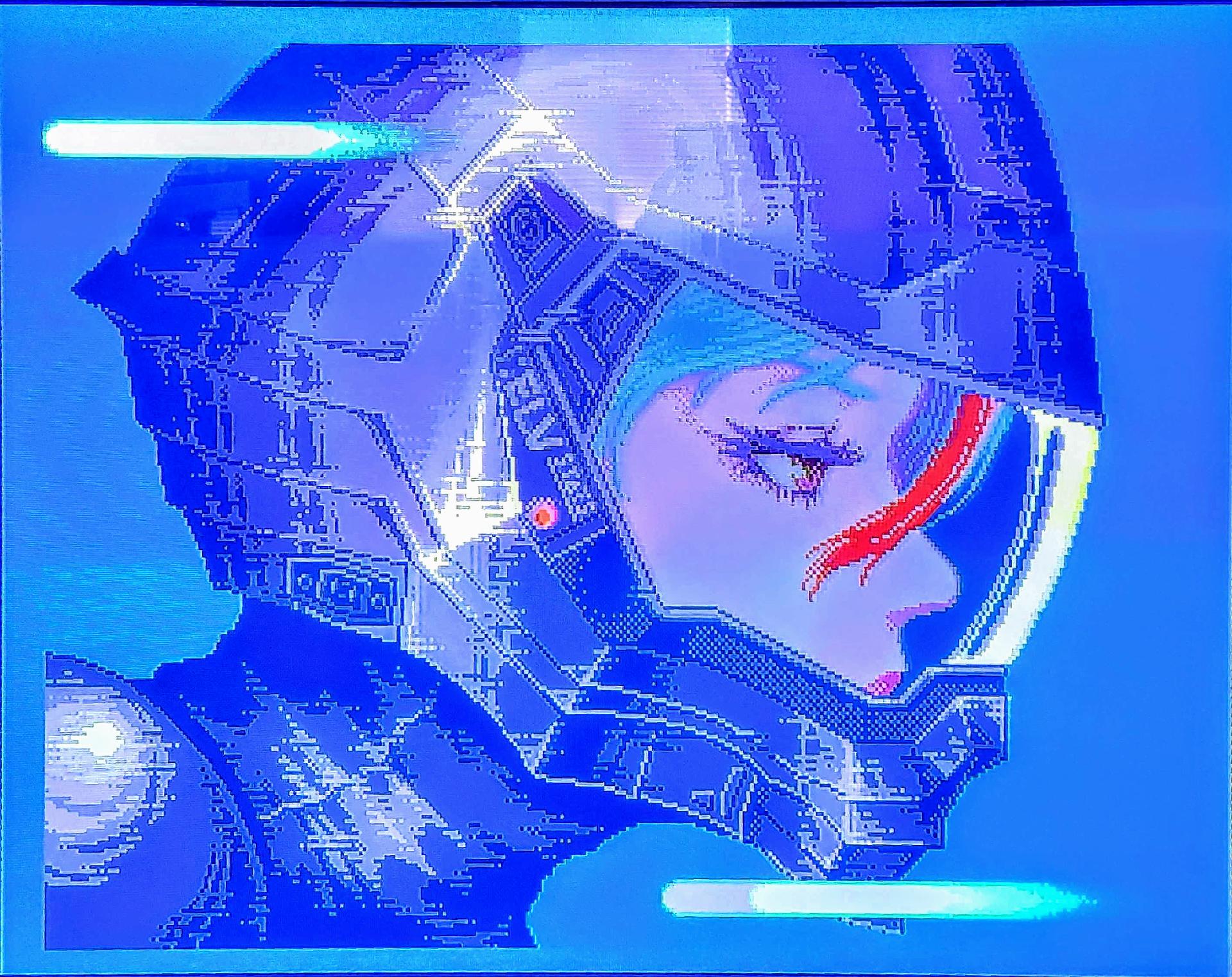 Another pixel art of the protagonist in her helmet in a cutscene