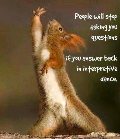 A red squirrel standing in rear legs with one front paw stretched into the sky as it looks up, like a move from a contemporary dance composition. Text says people will stop asking questions if you answer back in interpretive dance.