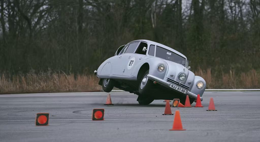 A Tatra T87 in the process of rolling over. (Photo credit: Andrew Trahan.)