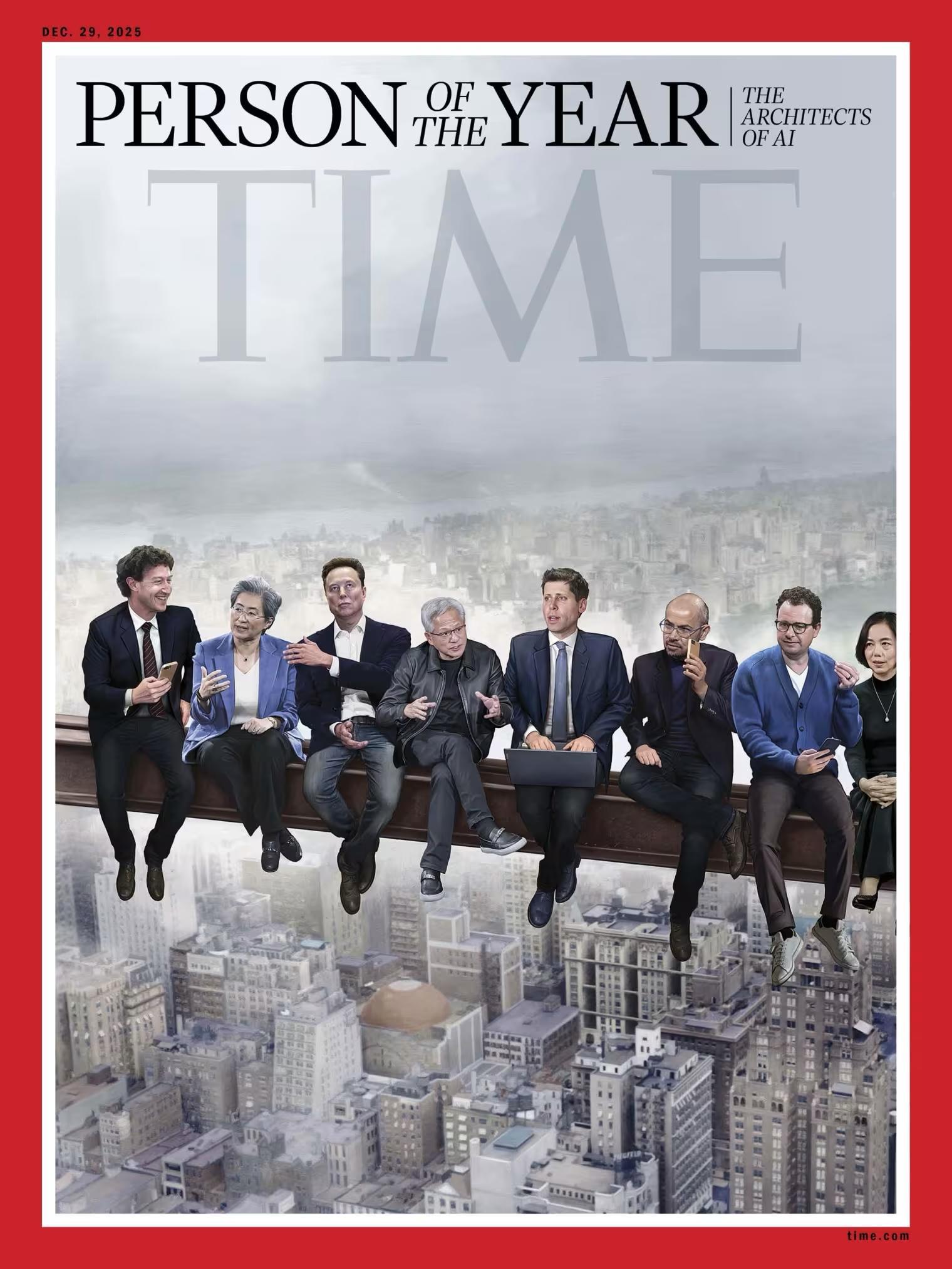 Time Magazine's "Person of the Year" cover for this year. It honors "The Architects of AI," and shows a bunch of AI corporate leaders sitting on an iron beam high above a city. The image echoes the famous 1932 photo "Lunch atop a Skyscraper," which depicted a bunch of construction workers on a skyscraper project eating their lunches while sitting on a beam high above New York City.