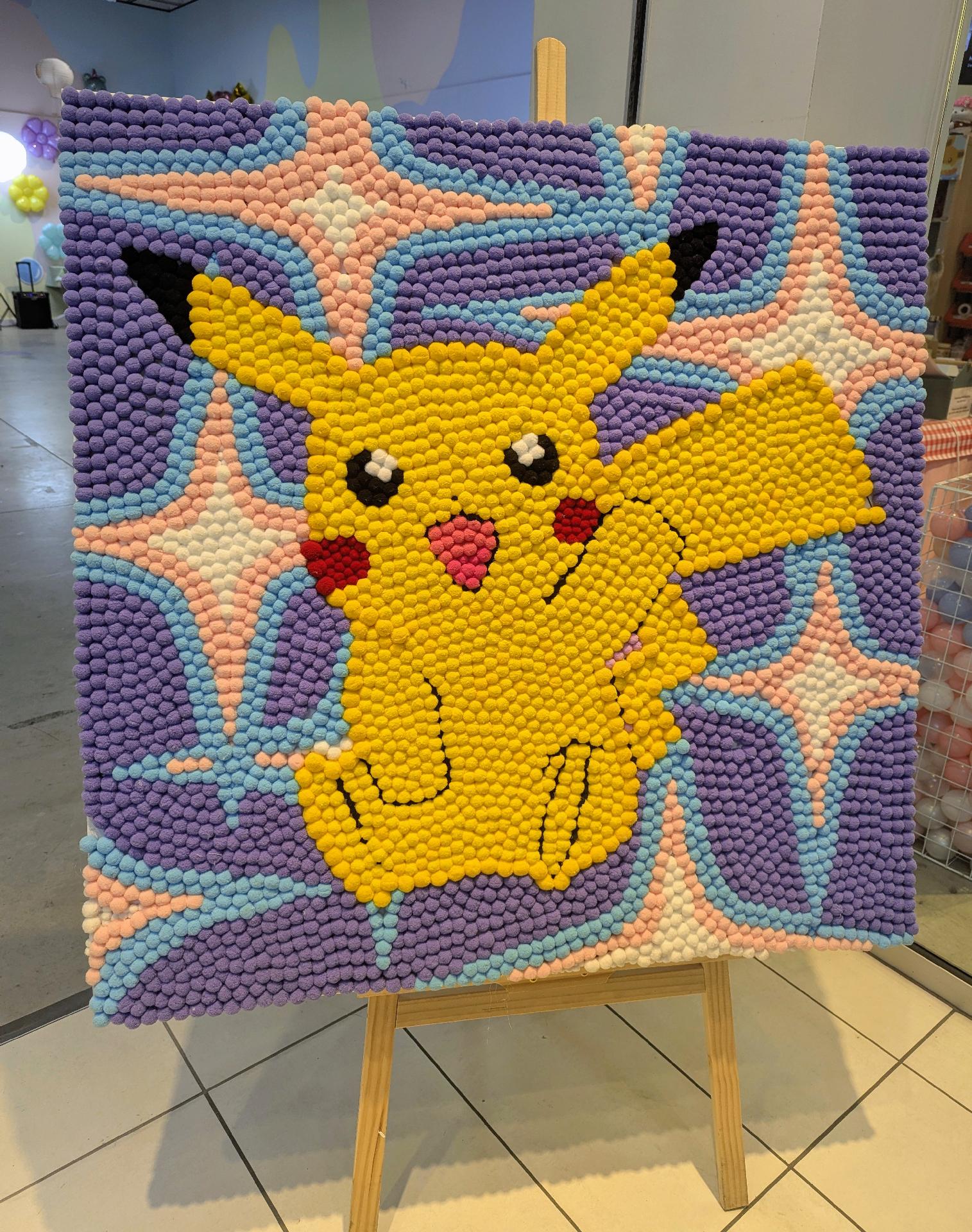 Pikachu on a purple, star-patterned background