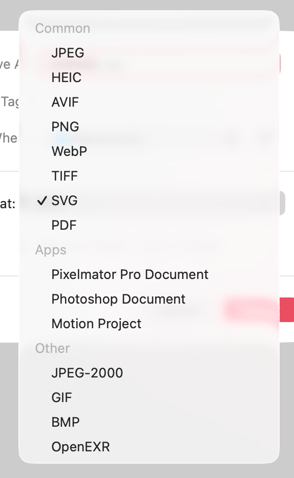 Export Fomats:

JPEG
HEIC
AVIF
PNG
WebP
TIFF
/ SVG
PDF
Apps
Pixelmator Pro Document
Photoshop Document
Motion Project
Other
JPEG-2000
GIF
BMP
OpenEXR