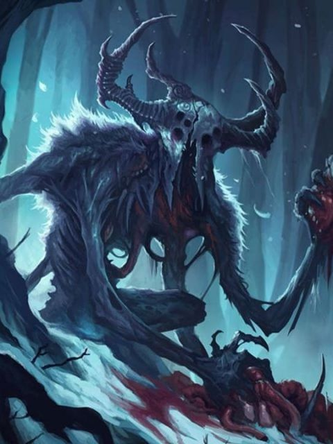 The Lovecraftian monster Ithaqua, with 4 horns, fur, walking in the winter forest.