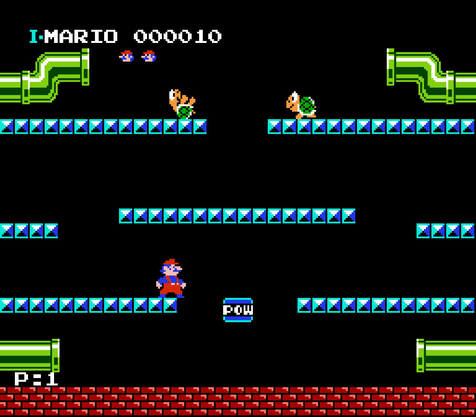 Gameplay screenshot (captured from an Emulator) showing the very classic Mario Bros arcade game play