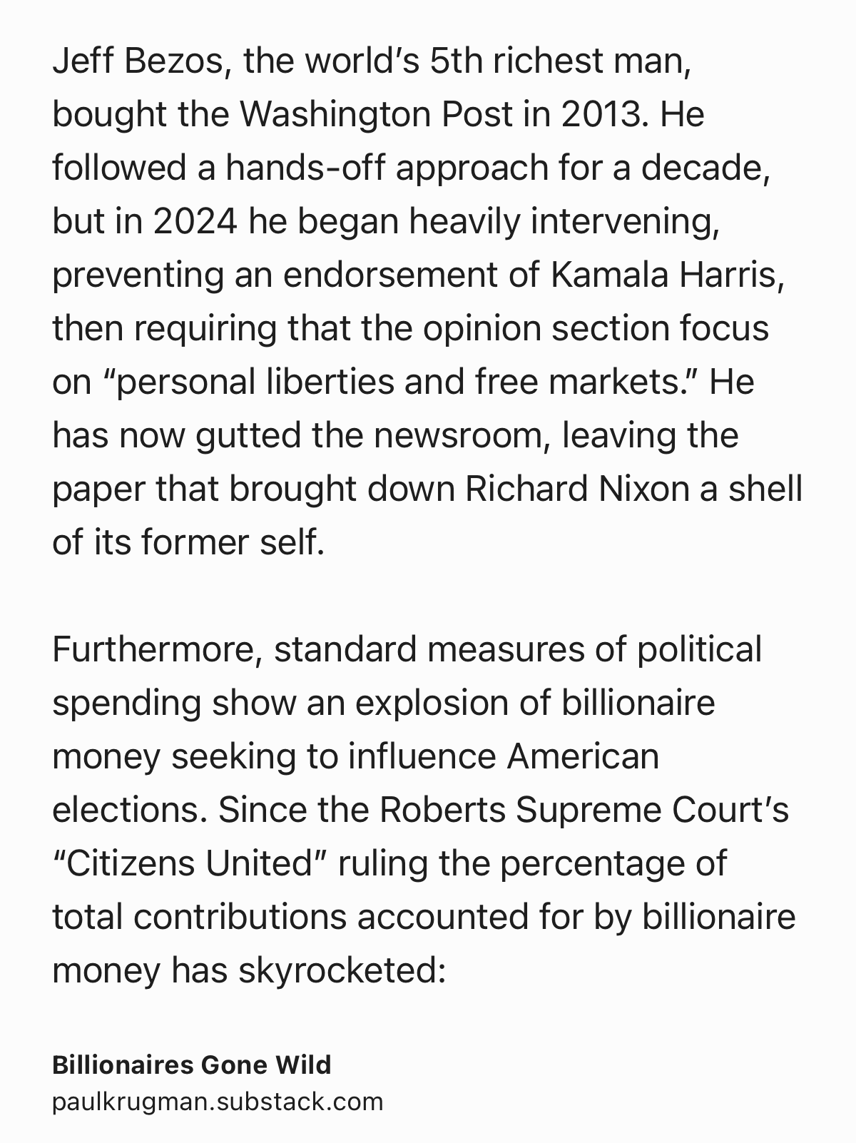 Text Shot: Jeff Bezos, the world’s 5th richest man, bought the Washington Post in 2013. He followed a hands-off approach for a decade, but in 2024 he began heavily intervening, preventing an endorsement of Kamala Harris, then requiring that the opinion section focus on “personal liberties and free markets.” He has now gutted the newsroom, leaving the paper that brought down Richard Nixon a shell of its former self.

Furthermore, standard measures of political spending show an explosion of billionaire money seeking to influence American elections. Since the Roberts Supreme Court’s “Citizens United” ruling the percentage of total contributions accounted for by billionaire money has skyrocketed: