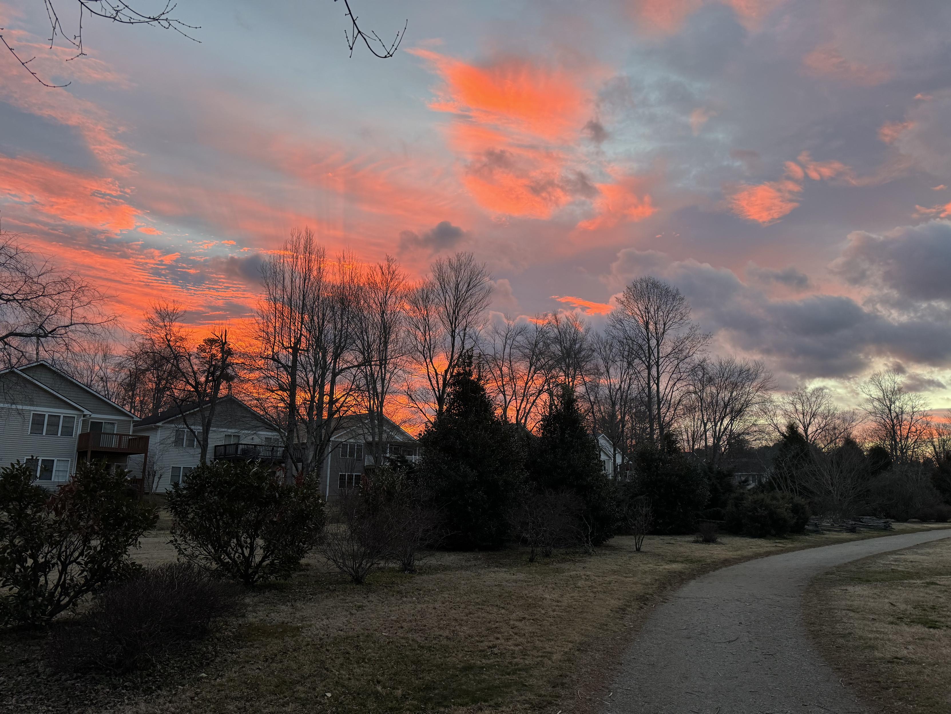 A bright variegated orange sunrise is visible behind some bare trees, and a row of once golf-front homes, and a path that curves off to the right.  For once recently, we were off the road before the sun made its appearance.  This is the Park at Flat Rock, in North Carolina, and it is much more useful and beautiful than when it was a golf course.
