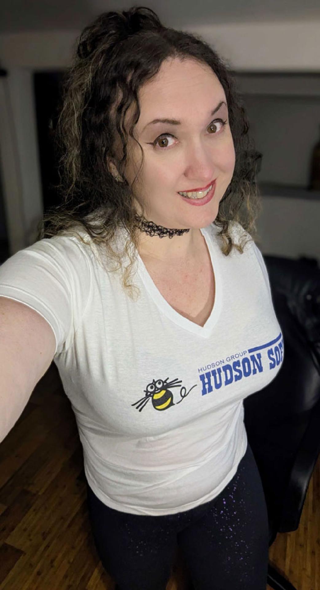 Selfie of me rocking my new, white, v-neck t-shirt with the classic Hudson Soft shirt