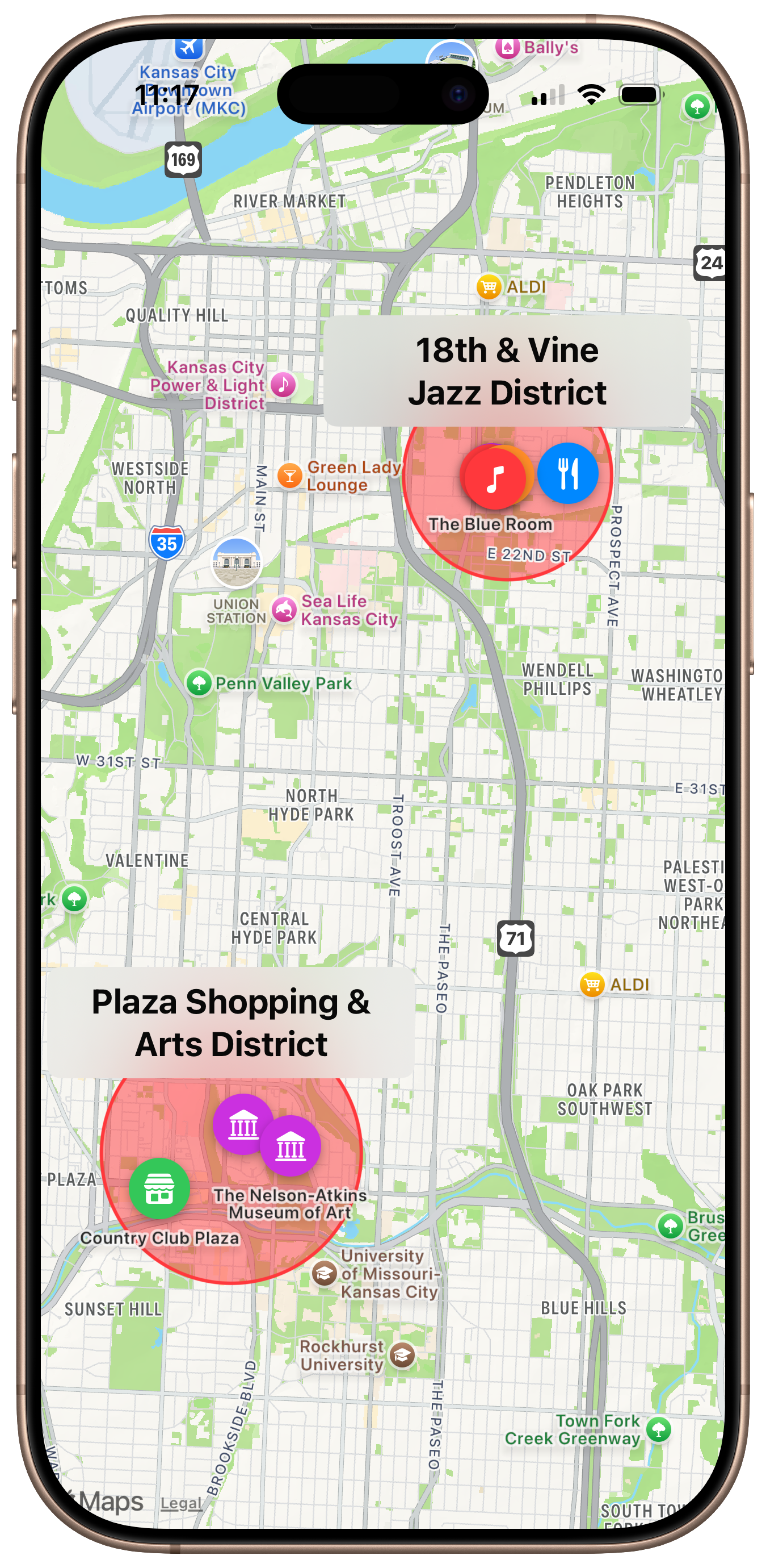 Screenshot showing two “Itinerary Locales” from my new app “Show Me KC Guide”.