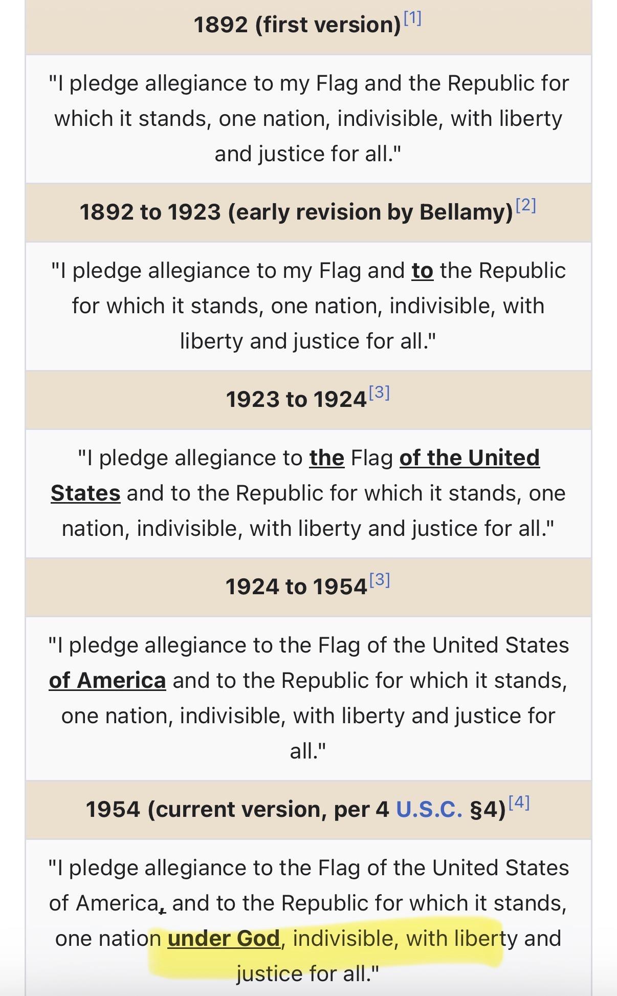 Wikipedia entry on the edits made to the Pledge of Allegiance.