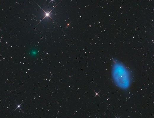 Green Comet MAPS (C/2026 A1) passing by the Robin's Egg Nebula en route to the sun. Photo credit: Gerald Rhemann and Michael Jäger