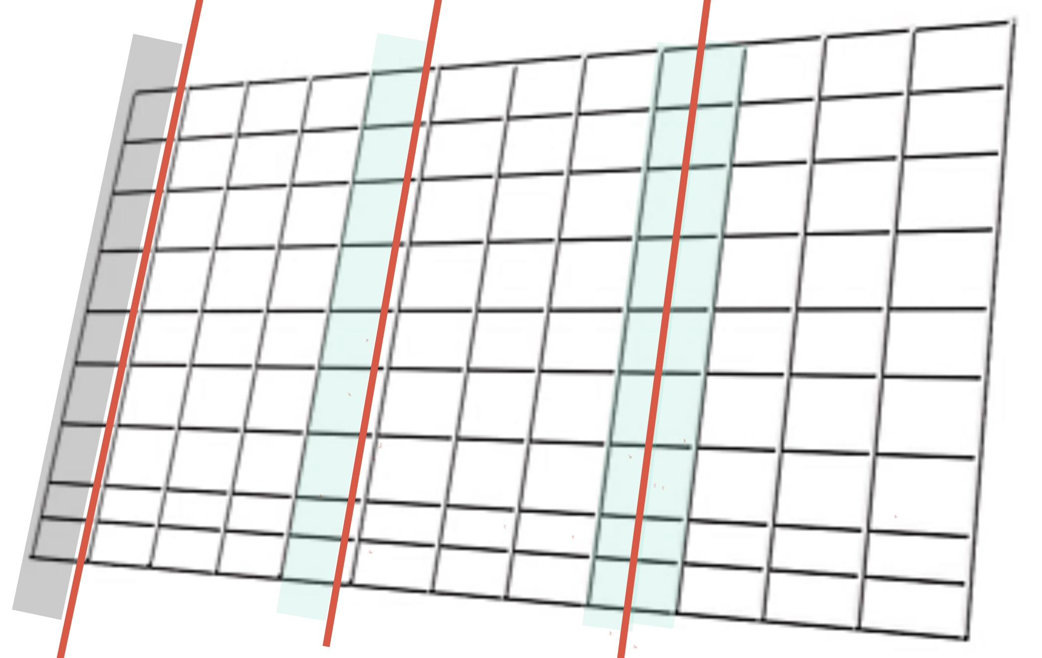 Stock photo of a galvanized wire panel at an awkward angle, with author added low tech embellishments. The light blue bits highlight wire for seating the panels into the ground. Red lines mark the cut plan where three panels will be achieved. The gray bit is scrap to be saved for other uses