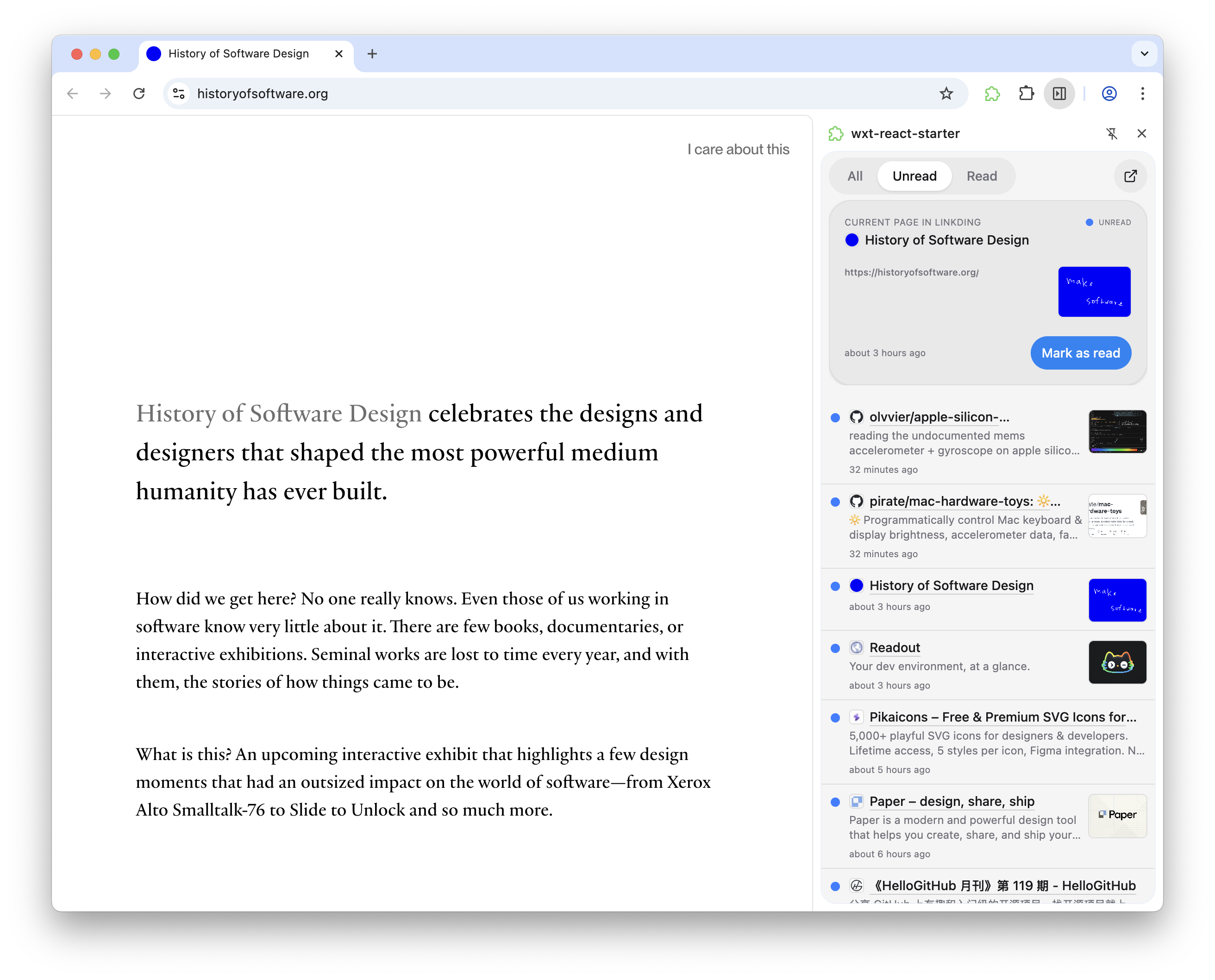 A web browser displays the "History of Software Design" website with a custom Linkding side panel extension on the right. The extension lists unread bookmarks from a reading list, featuring the current page at the top with a "Mark as read" button.