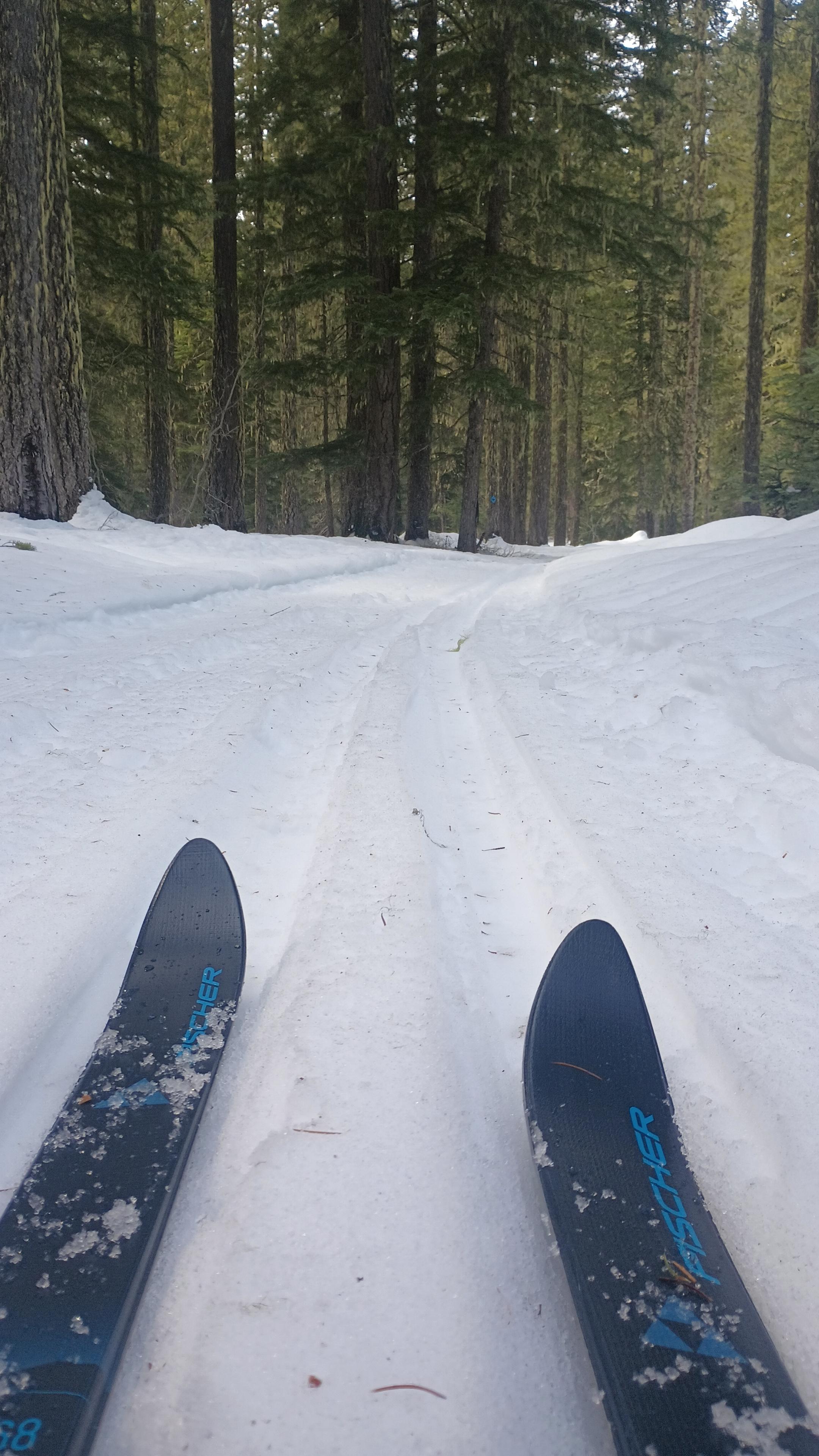 A view of a groomed ski trail from between ski tips.