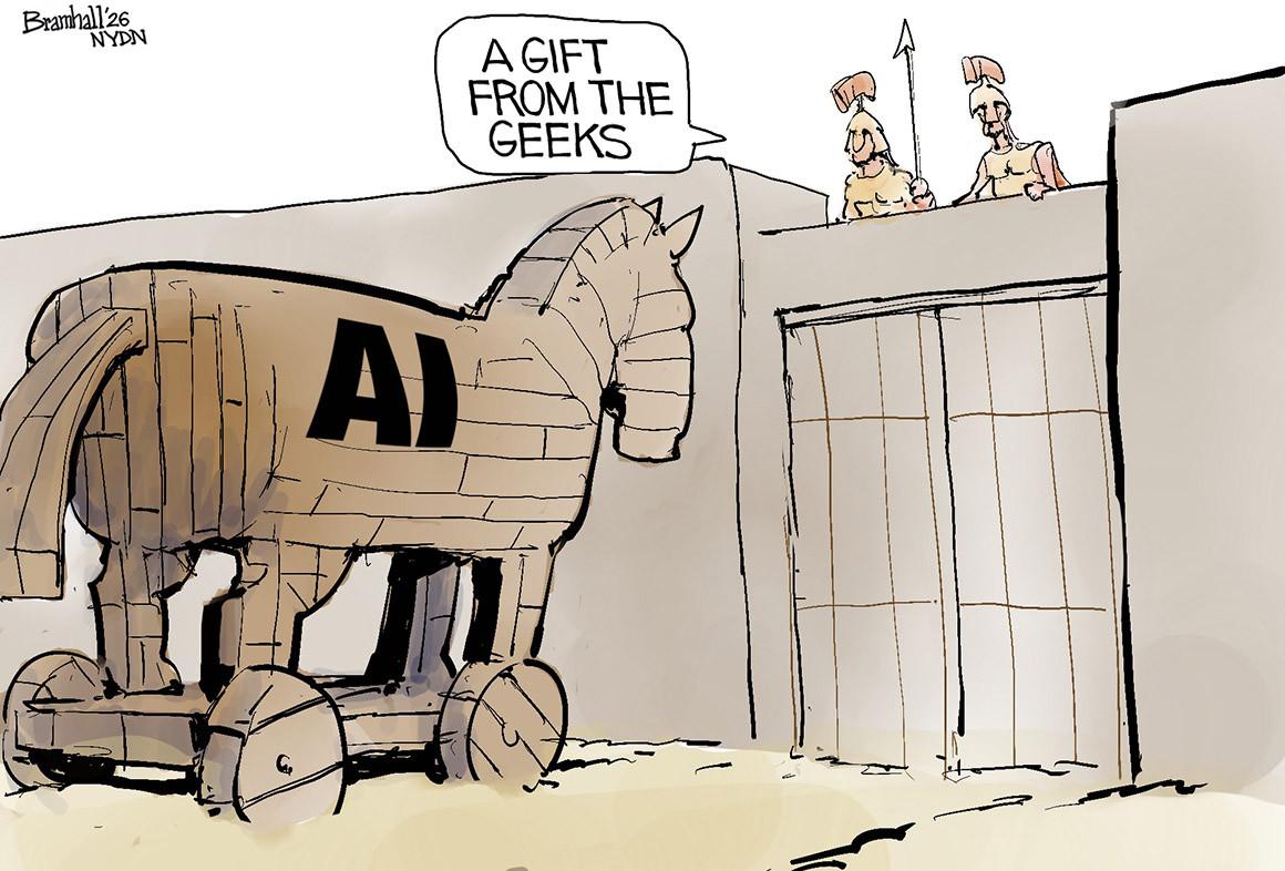 Cartoon depicting AI as a Trojan Horse