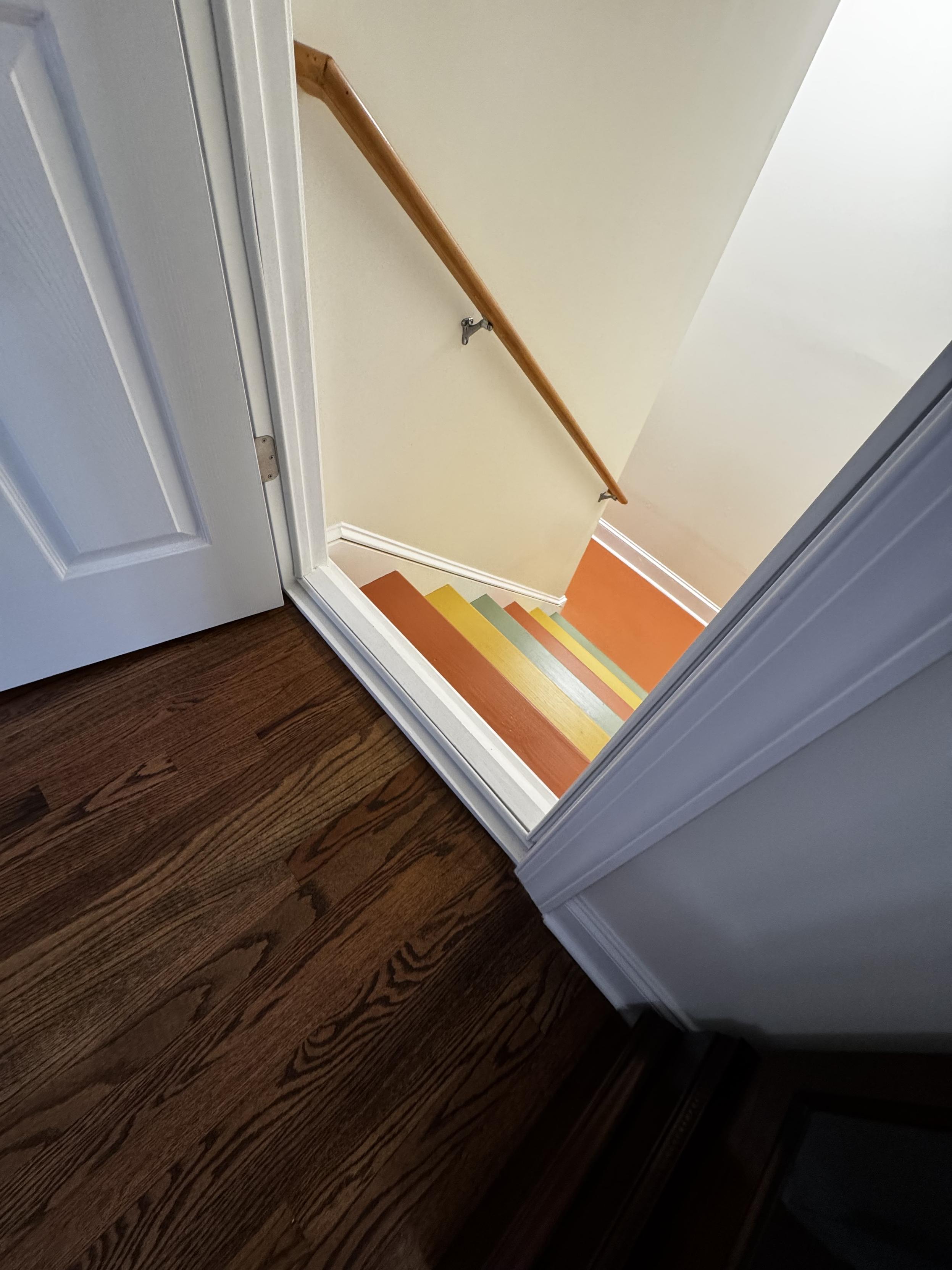 A close-up of the white sill at the top of the stairs.  Can't imagine what we'd need to do if this all came out.  A large wooden stair nose, stained to match the floor?