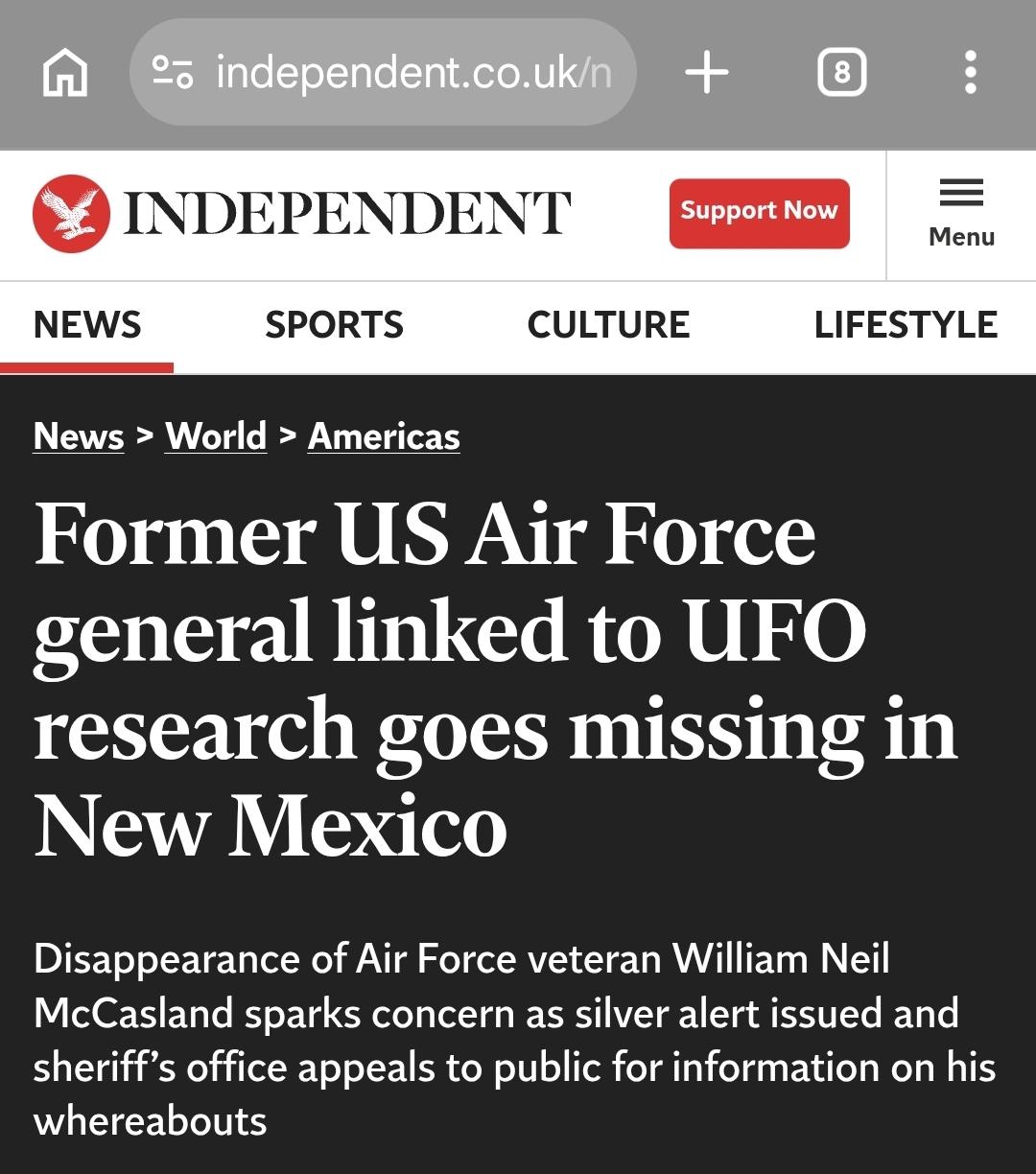 Screenshot from The Independent.co.uk
News > World > Americas
Former US Air Force general linked to UFO research goes missing in New Mexico
Disappearance of Air Force veteran William Neil McCasland sparks concern as silver alert issued and sheriff's office appeals to public for information on his whereabouts.