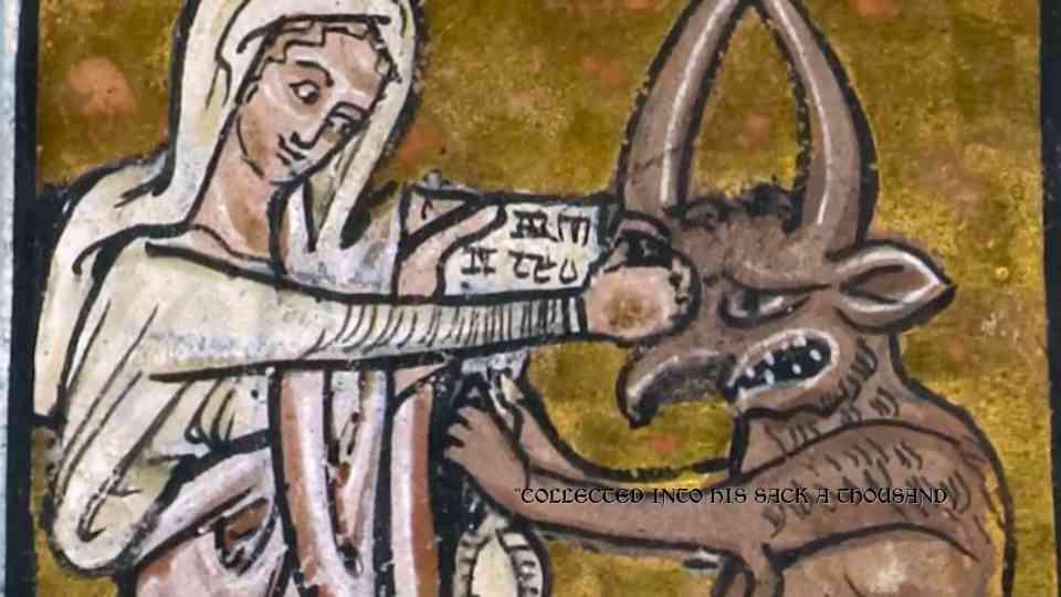 A woman, dressed in white but without an obvious halo (it could perhaps have been cut off at the top of the image), punches an angry-looking horned demon right between the eyes.  She herself doesn't look angry at all; she has a half-smile and slightly raised eyebrows, as if she's saying "try that and this is what you get, don't blame me".  In her other hand she holds what appears to be a piece of writing.