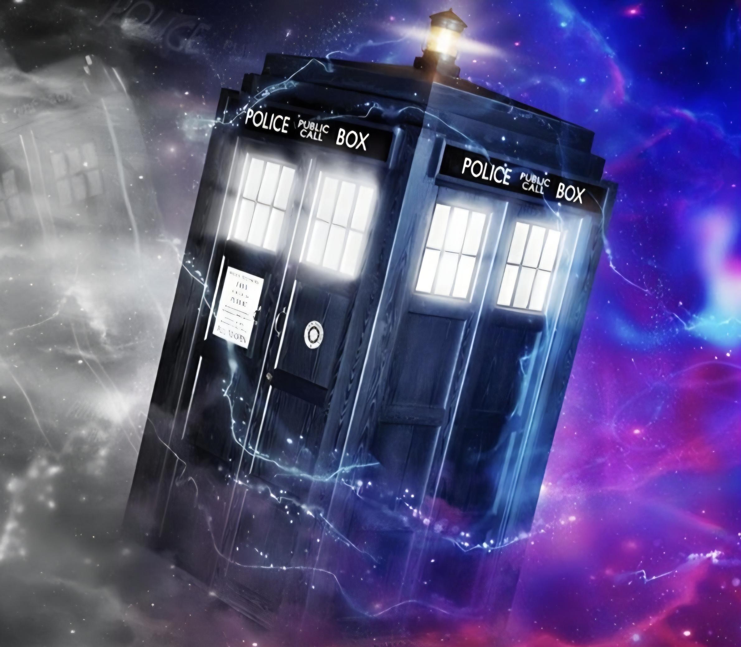 The TARDIS flying through colorful blue purple pink black white grey outer space
