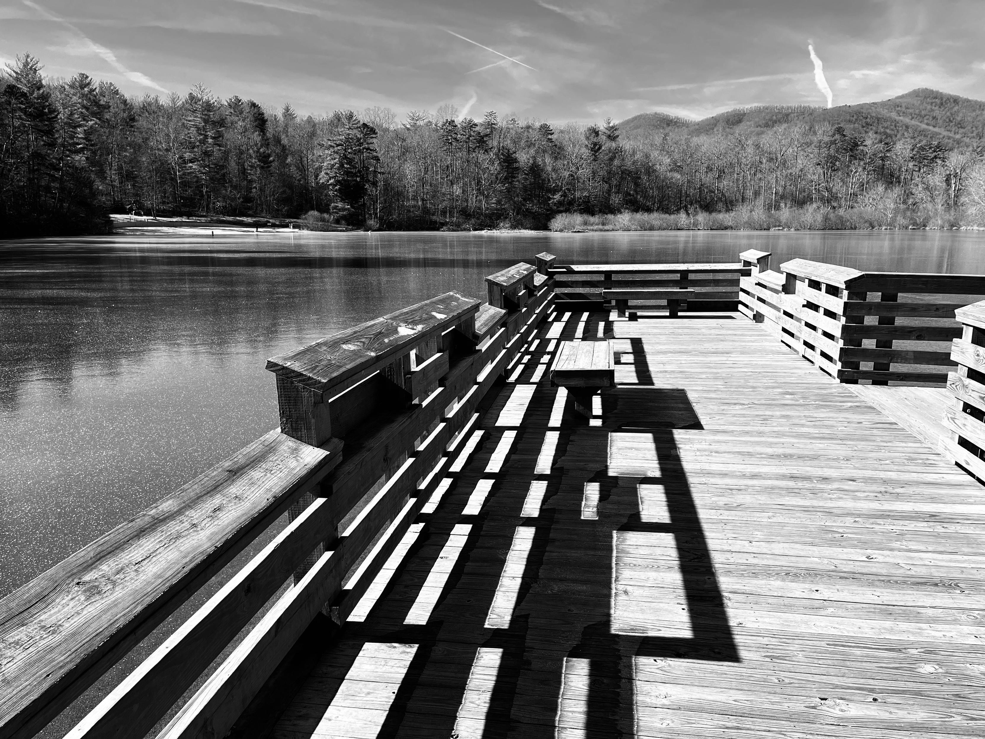 A black and white photo of the wooden dock at Lake Powhatan near the North Carolina Arboretum in Asheville in January a couple of years ago.  The sun is throwing hard shadows from the left through the open horizontal slats of the railing onto the wood platform.  Since the sun is brightly lighting the railing on the right side, it looks like a study in negative spaces.

The lake itself, visible for about half the photo stretches across to the far bank where there is a small beach and fir trees.  Difficult to tell, but the lake is all ice a this point.  No one would want to walk on it, though.