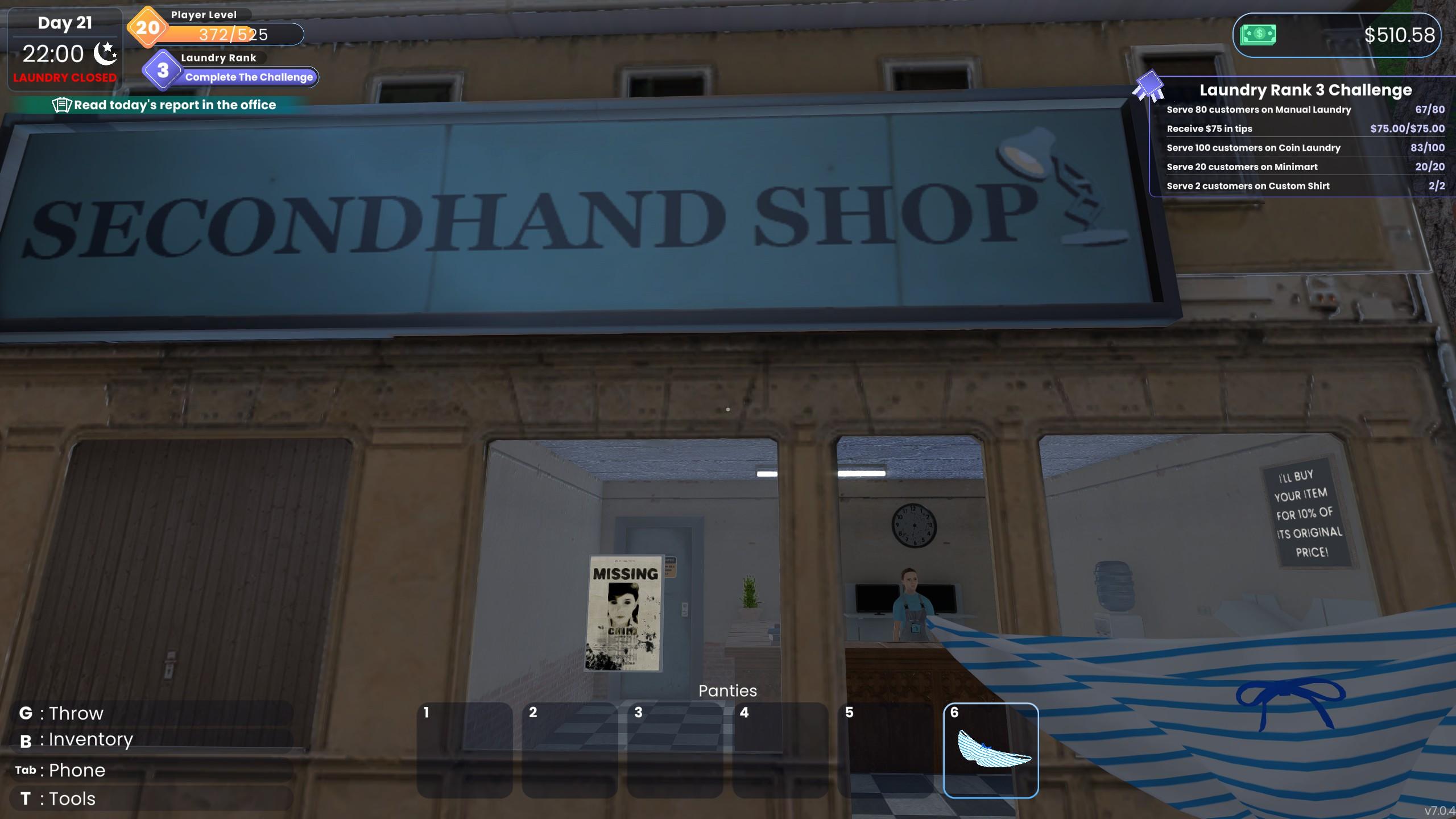The player stands in front of a store with a giant sign labeled SECONDHAND SHOP. They are holding a pair of panties.