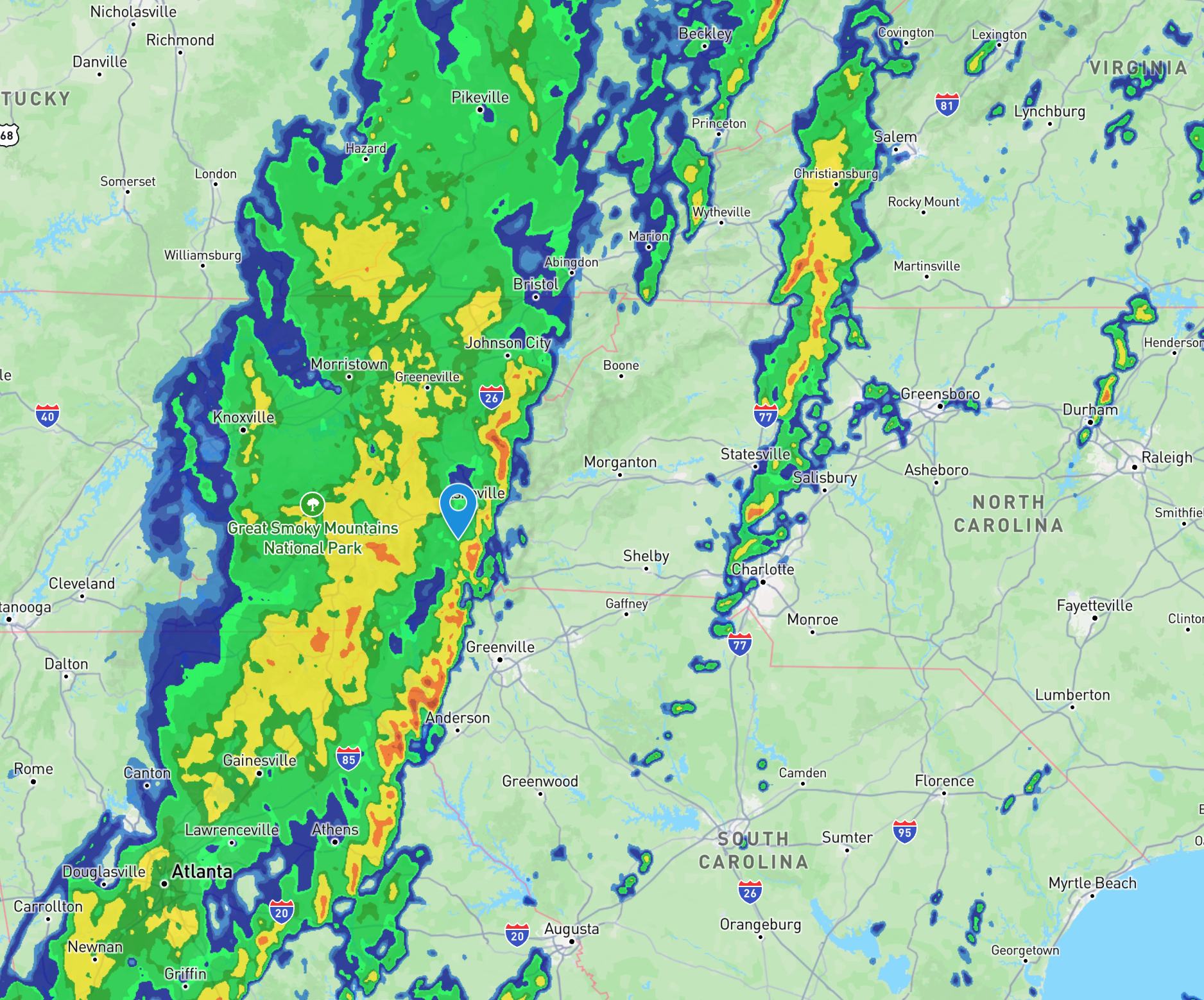 While other storms are already showing up to the east, the main line is moving steadily over the mountains.  We've dropped to 0.14"/hour presently, and are at 0.25" to date.  Still plenty of thunder.  

A close-up of a radar image from Atlanta up through KY shows a wide swath of rain, in a variety of bright colors.  My small blue pin is now embedded in the green band, showing that the leading edge has passed us.  Did I mention the thunder?

It's beginning to get light (just hit sunrise), and lots of folks are out getting to work.  Be careful out there...