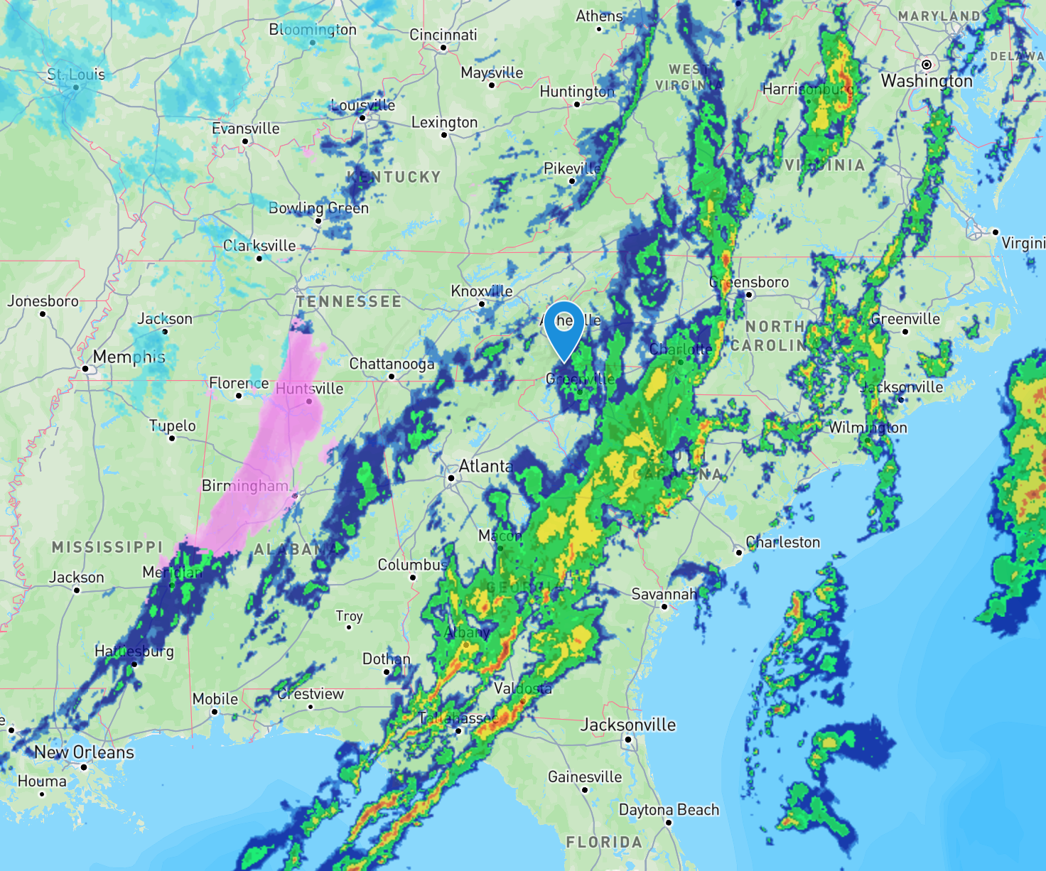 WeatherBug screencap showing my area now between rain bands, but the worst to our east, and heading towards friends.  A line of ice apparently still coming from Alabama into Tennessee.  This things has it all.