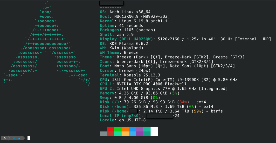 fastfetch output of a linux Arch workstation