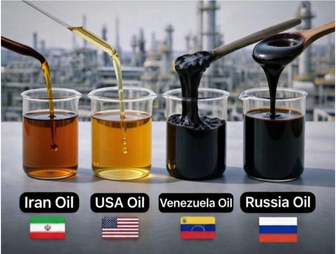 Image of Four glass beakers.
first Speaker filled with a maple syrup colored crude oil from Iran.
Second beaker a honey colored crude oil from the USA.
Third beaker black tar being scooped out of a beaker with a wooden spoon from Venezuela.
Fourth beaker slightly less viscous black oil being scooped from a beaker with a wooden spoon.