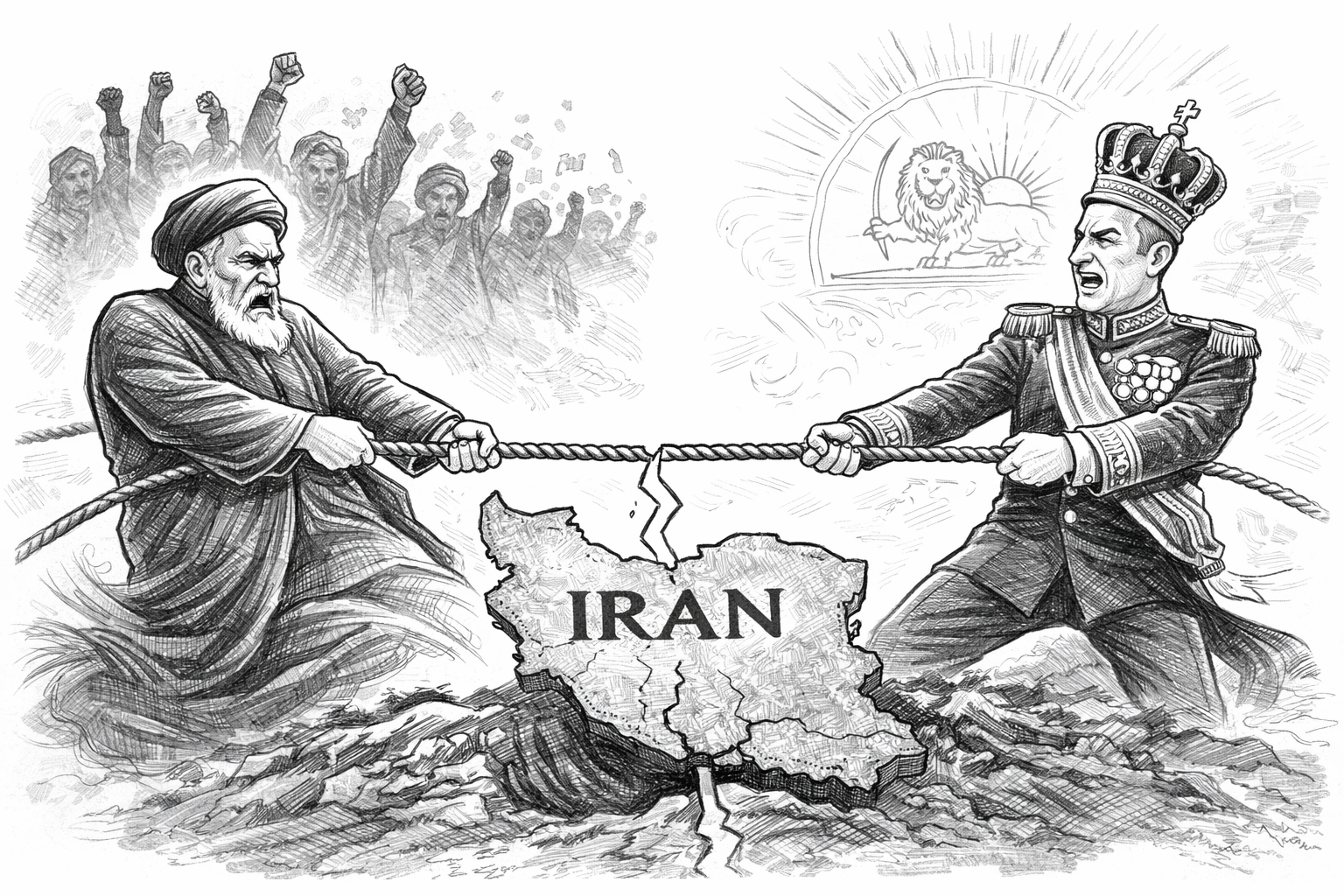 Cartoon depicting an Ayatollah and Reza Shah Pahlavi indulging in a tug of war over Iran