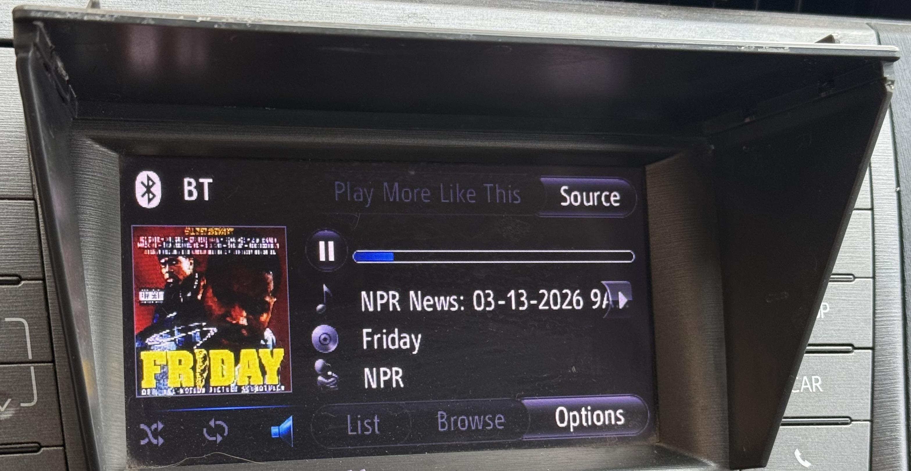 Tight crop of my infotainment system showing NPR News Friday with the Friday album art.