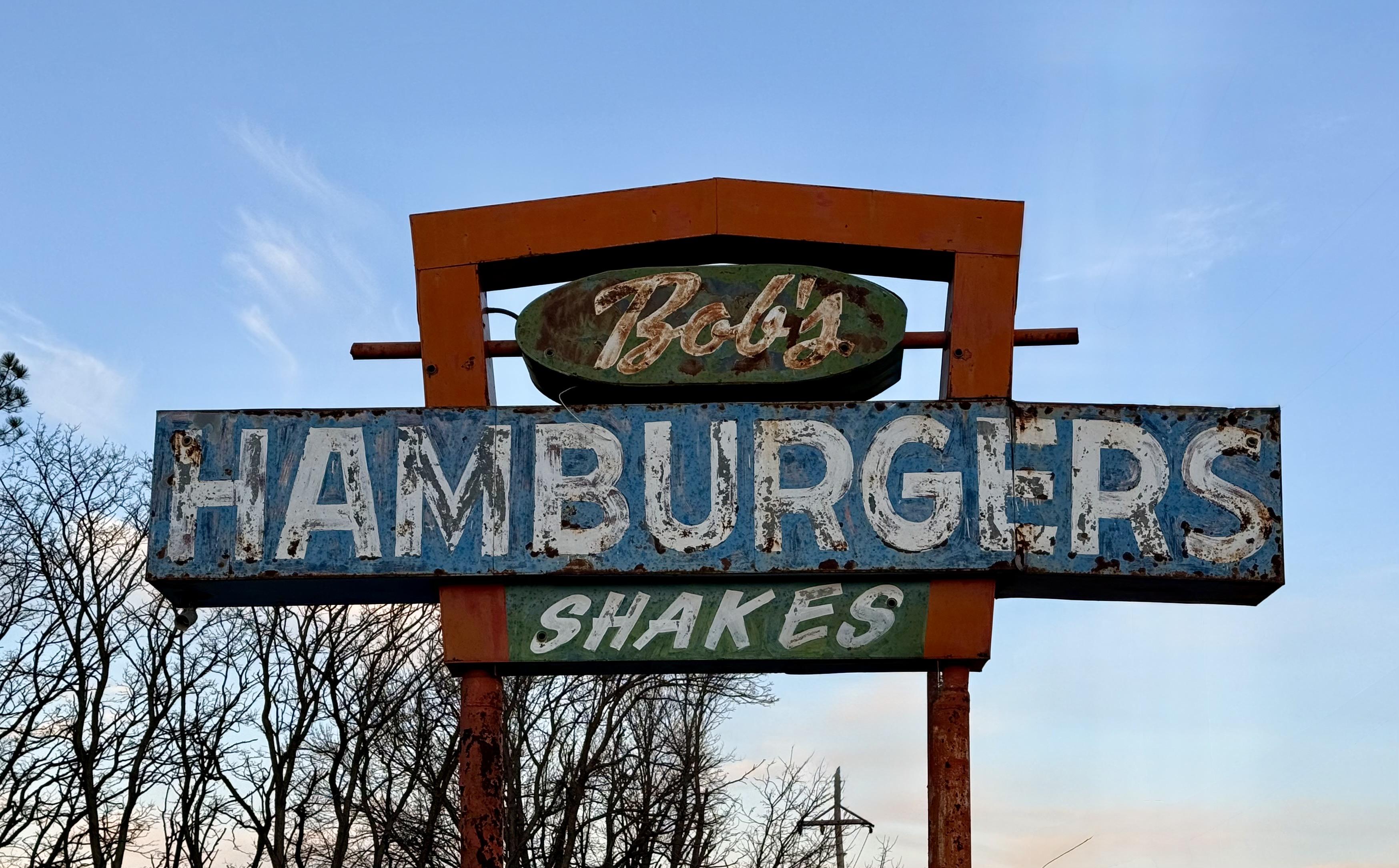 Bob’s hamburgers sign in color, Meade, KS