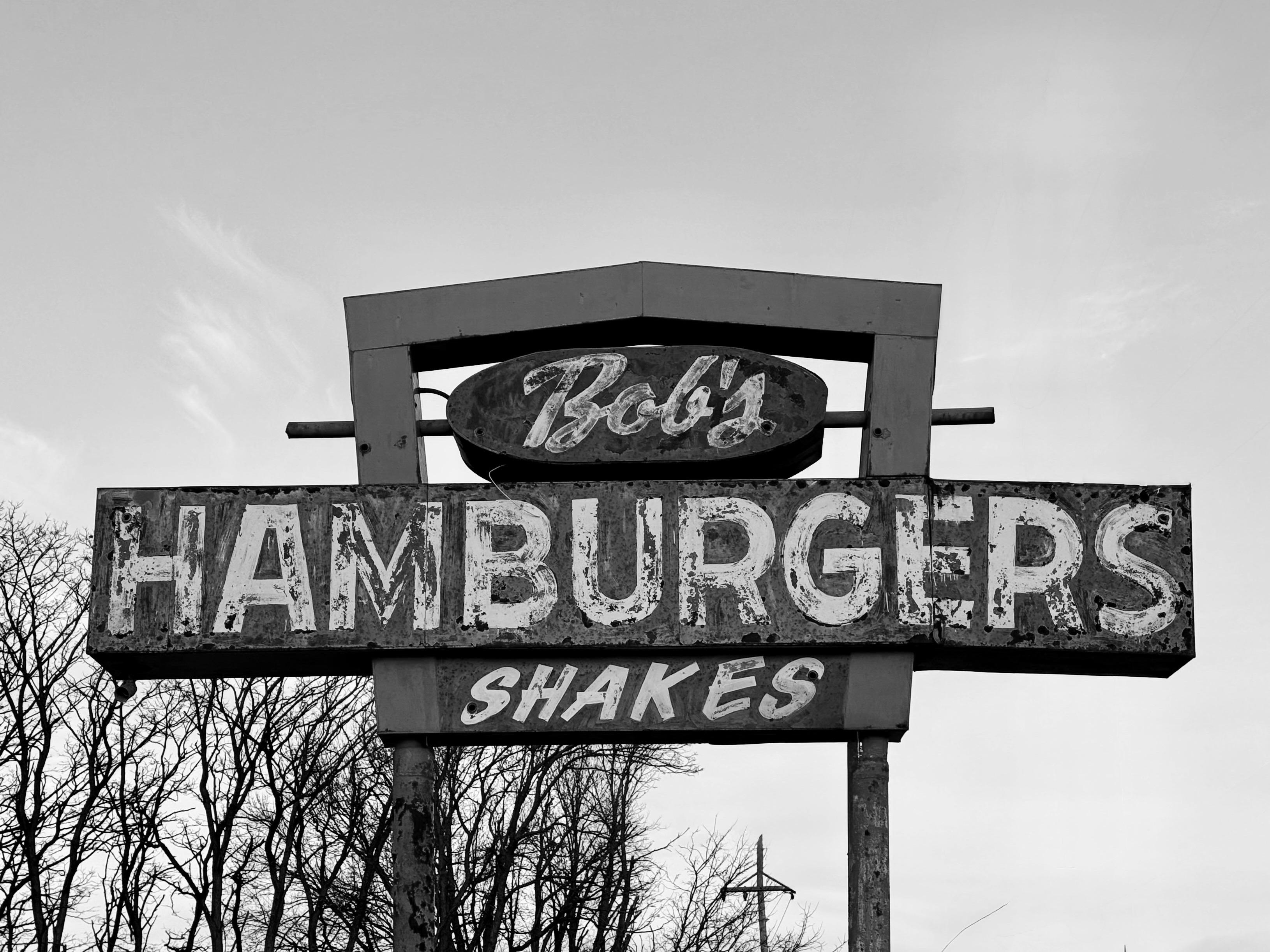 Bob’s hamburgers sign in black & white, Meade, KS.