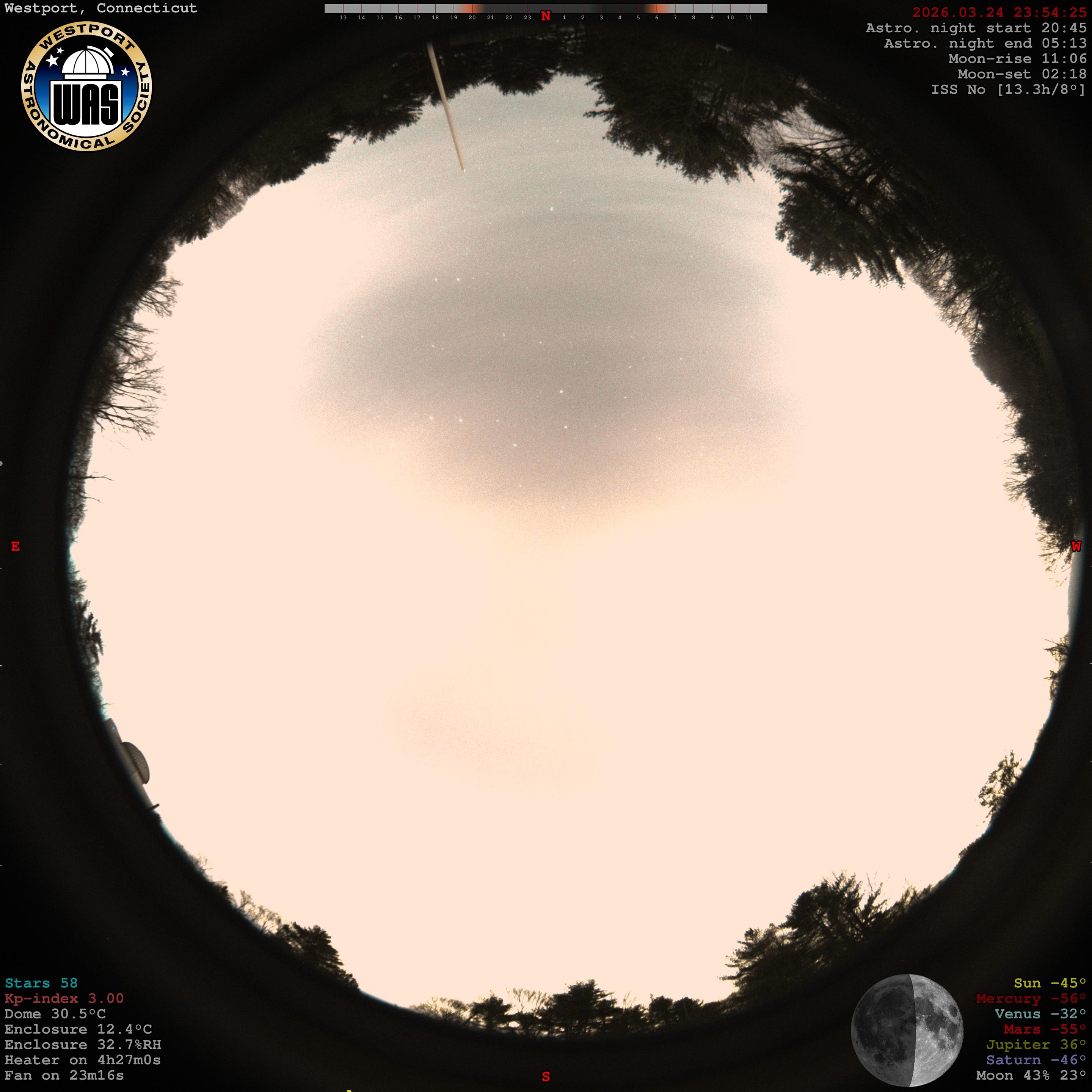 Fisheye sky view from Westport, Connecticut, showing faint stars and tree silhouettes around the horizon at dusk.