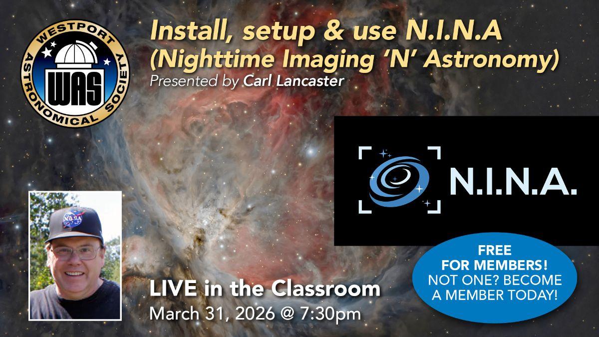 Promotional poster for a Westport Astronomical Society event on installing and using N.I.N.A. software, featuring a cosmic background and event details.