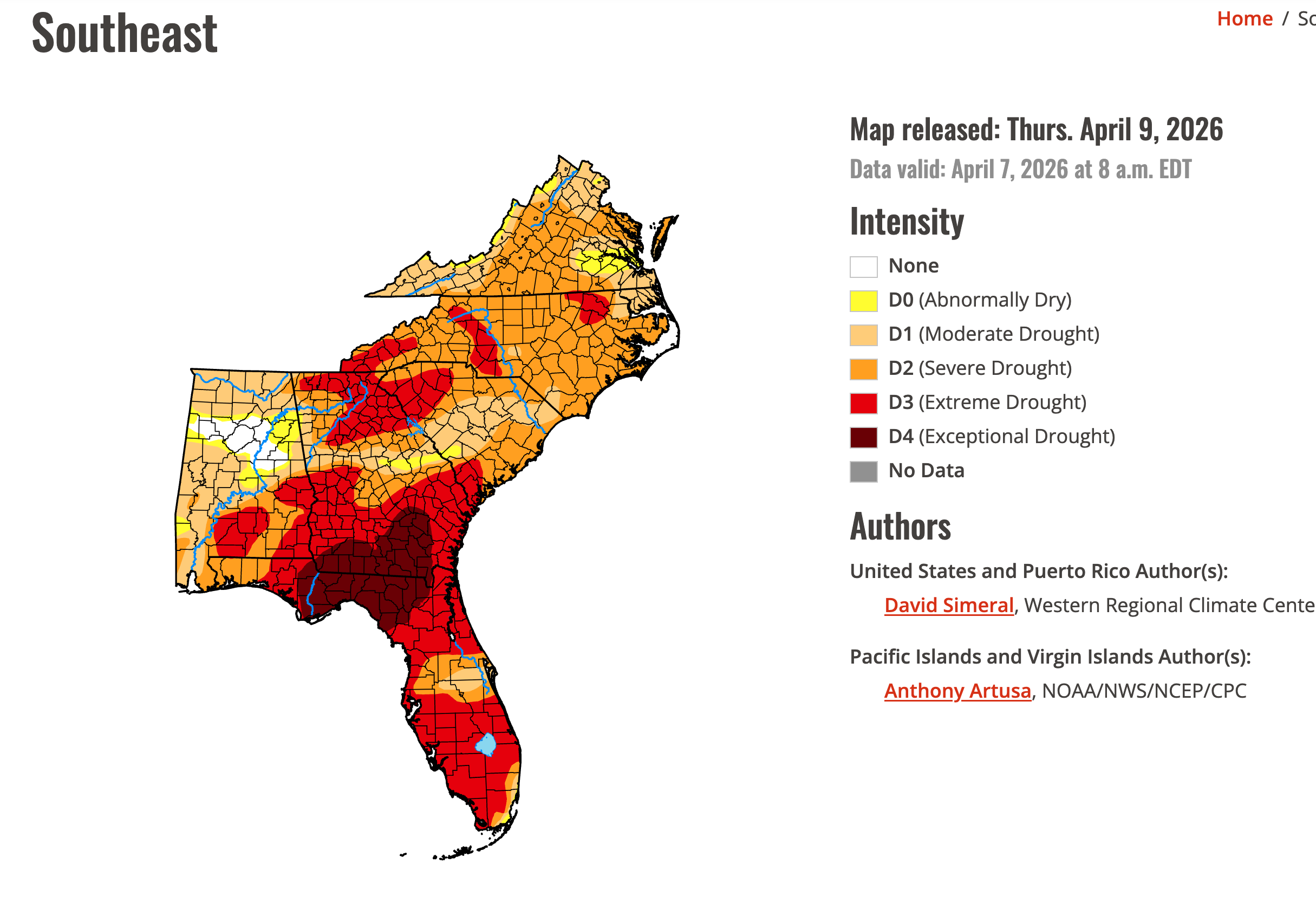 A map showing the outlines of counties in the SE US, including VA, NC, SC, FL, GA and AL.  Almost the entire region is in some sort of drought condition, with the worst at the FL/GA border, near the big bend.

My city of Asheville is near the top of the big "C" shape of extreme drought at the left side of the area.