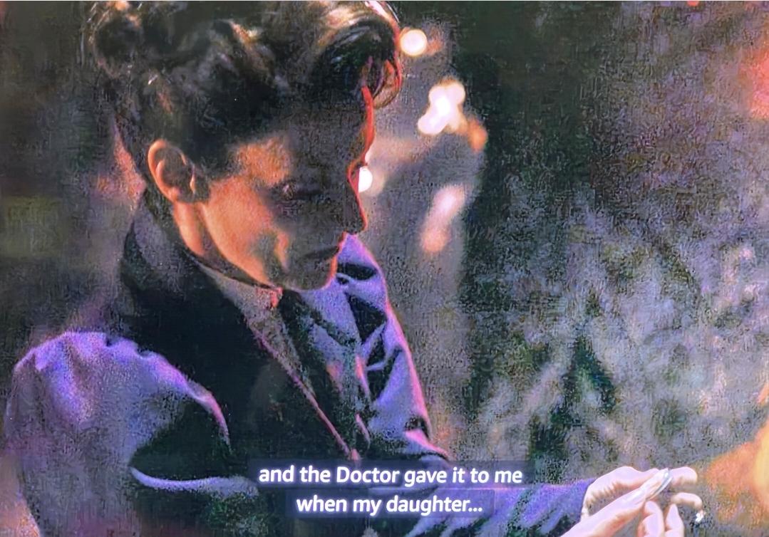 Missy is looking at a piece of dark star alloy in her hand and says, "Pretty isn't it? The Doctor gave it to me when my daughter---"
She is in a cave with Clara.