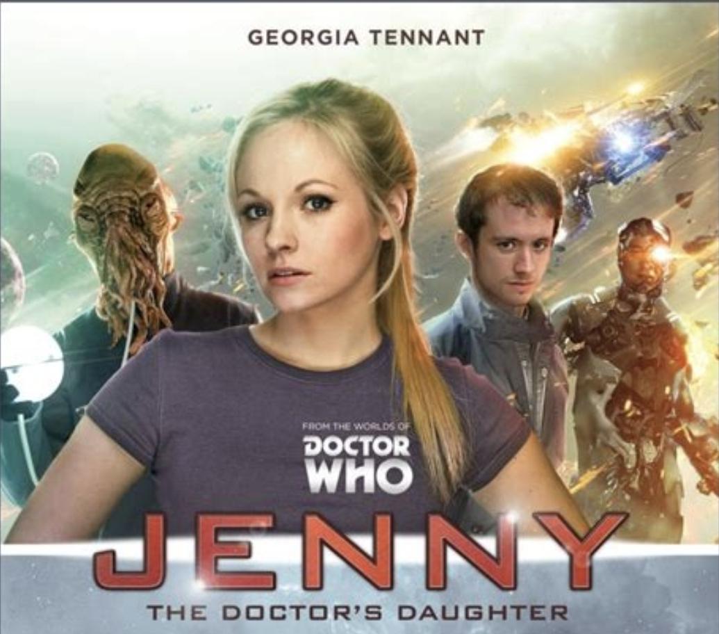 Georgia Tennant doctor who
Jenny
The doctor's daughter
She's looking at the camera in a grey tee. She looks like she's daring the camera person to do something. 
Behind her an Ood, a human (Sean Biggerstaff) and a guy in a robot suit (Sian Phillips). And an exploding starship.