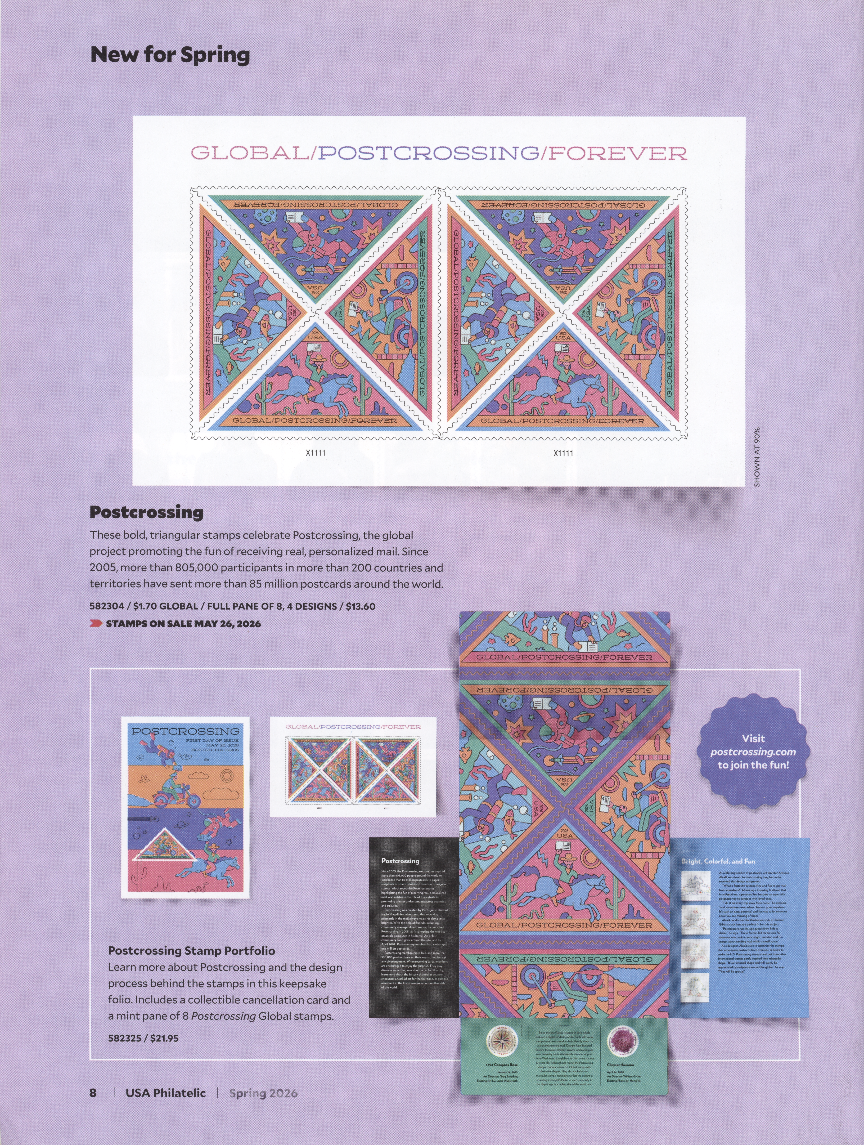 Full page scan out of the magazine showing a sheet of eight triangular stamps and some background on what postcrossing.com is