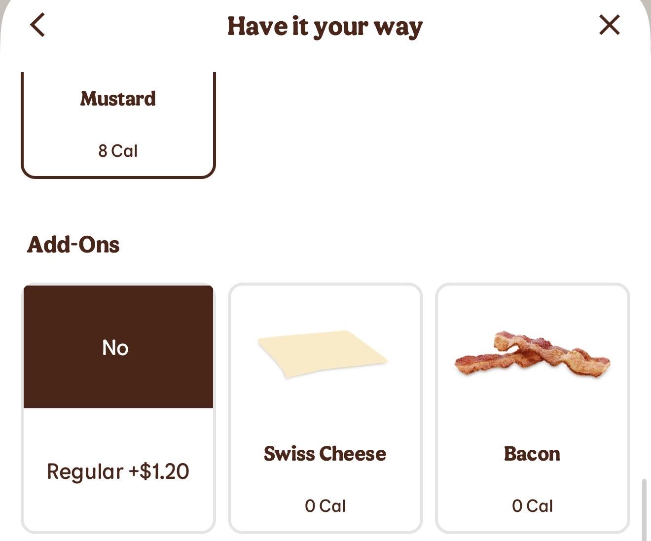 Screenshot of the Burger King app showing and add-on for American cheese is a buck 20