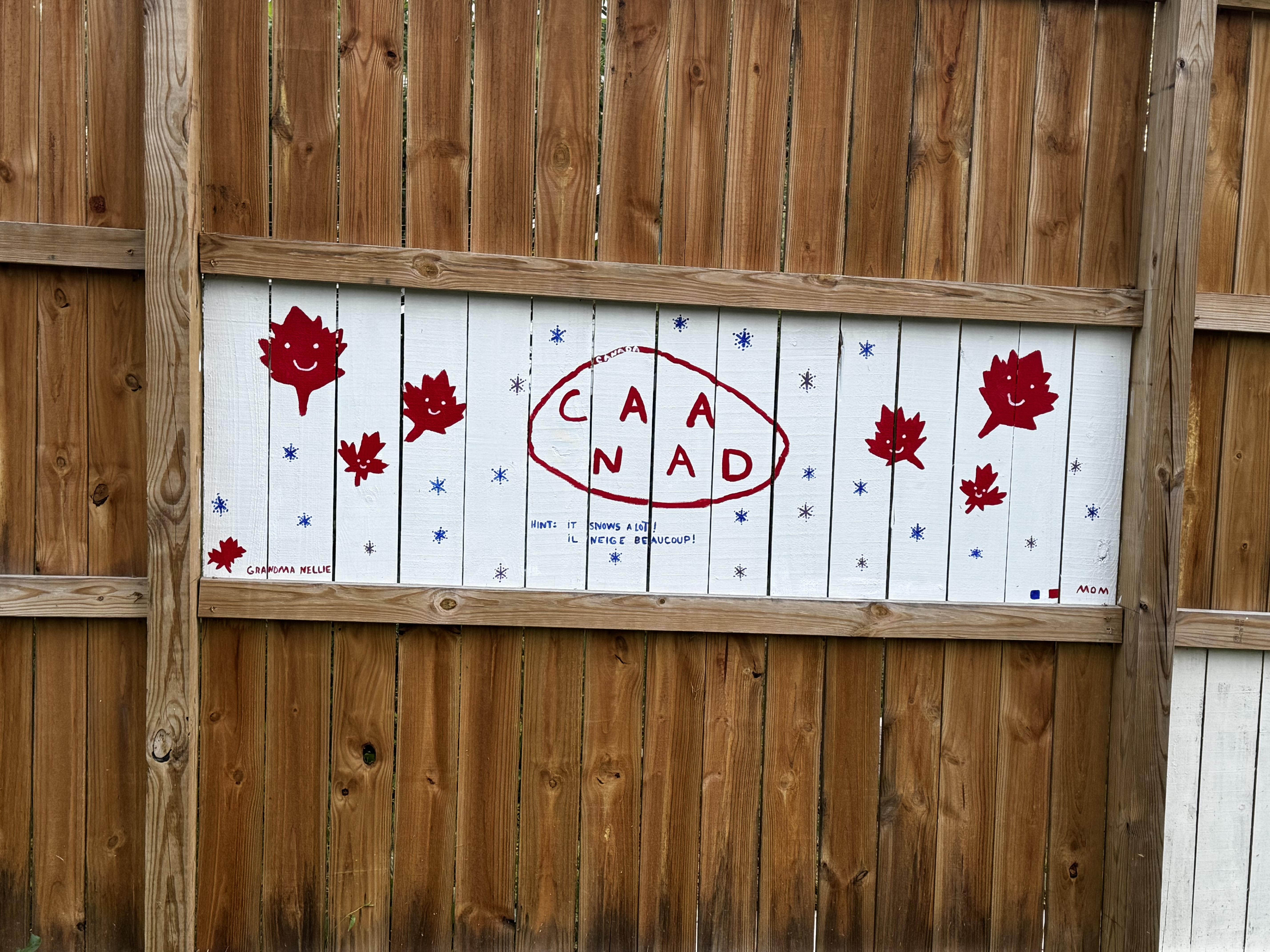 A newish fence backs a family home along the Ecusta Trail, and they've let their kids (I assume) paint a few sections of it.  This panel was my favorite.

A section about 6' wide by 2' high in a pine privacy fence has been painted a bright white, with various decorations in bright red.  The center reads "CANADA" in a strange fashion, with various maple leafs (which resemble artichokes) also in red.  In the center, in English and French it says: "Hint, it snows a lot!"

O Canada!