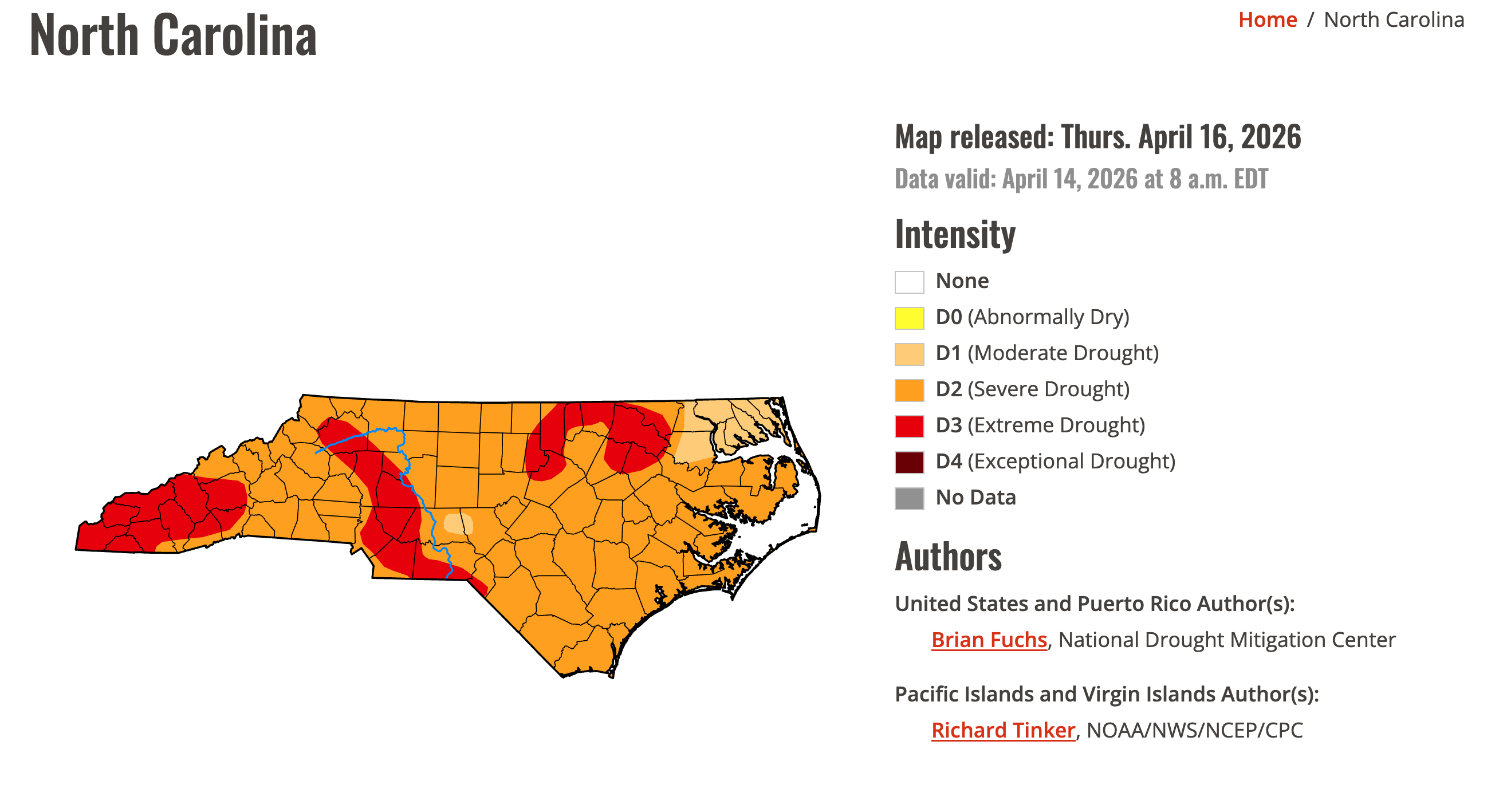 A screencap from the drought monitor product, showing NC fully colored in lack of water, and my region of Western NC with the red "extreme drought" area expanding.  Buncombe county is now almost fully engulfed.  The current humidity is 28% with the temps at 87F

It just feels wrong to be this hot and dry here at the same time.  All these trees and plants will be in a bad place, and that's just counting the ones that are still vertical.