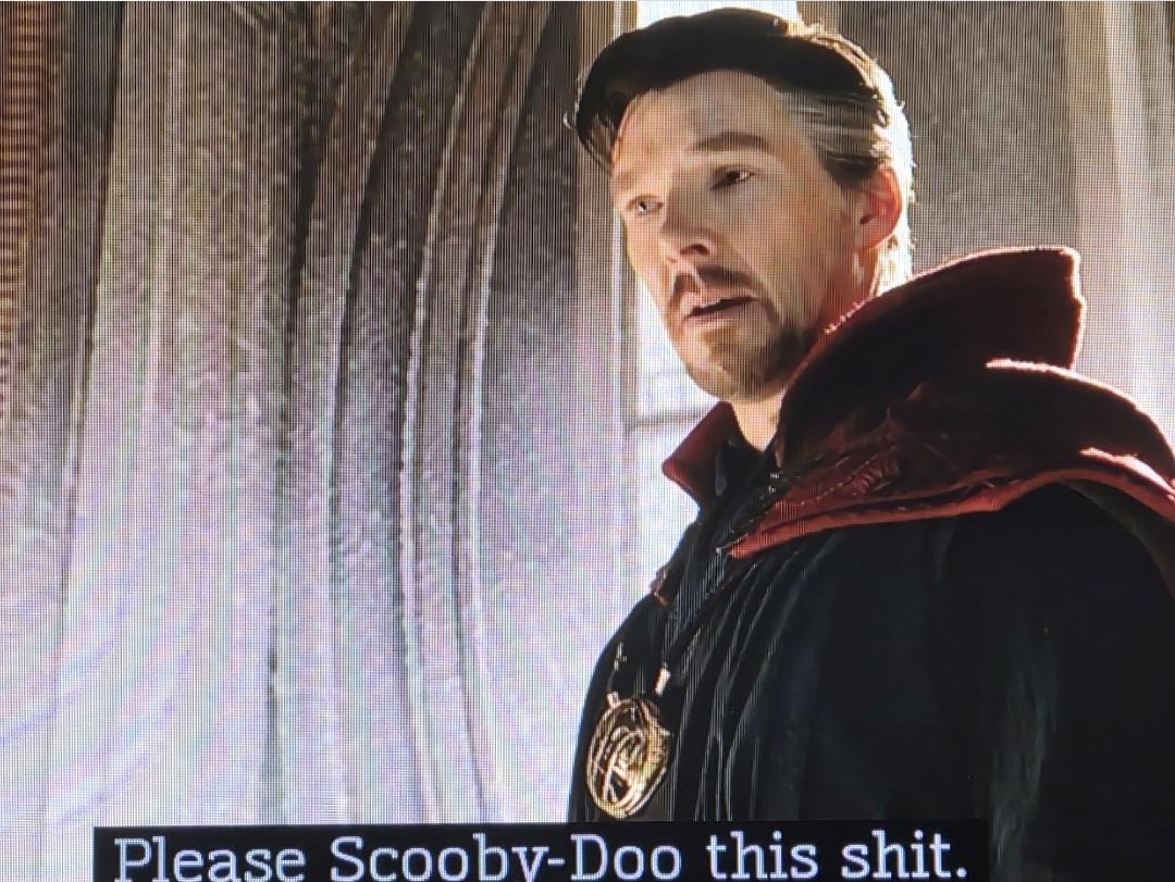 Benedict Cumberbatch as the incomparable DoctorStrange looking mildly surprised and saying "Please Scooby-Doo this shit."