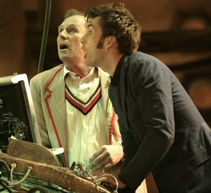 5th Doctor Peter Davison and 10th Doctor David Tennant both look surprised as they were at the TARDIS console for Children in Need skit.