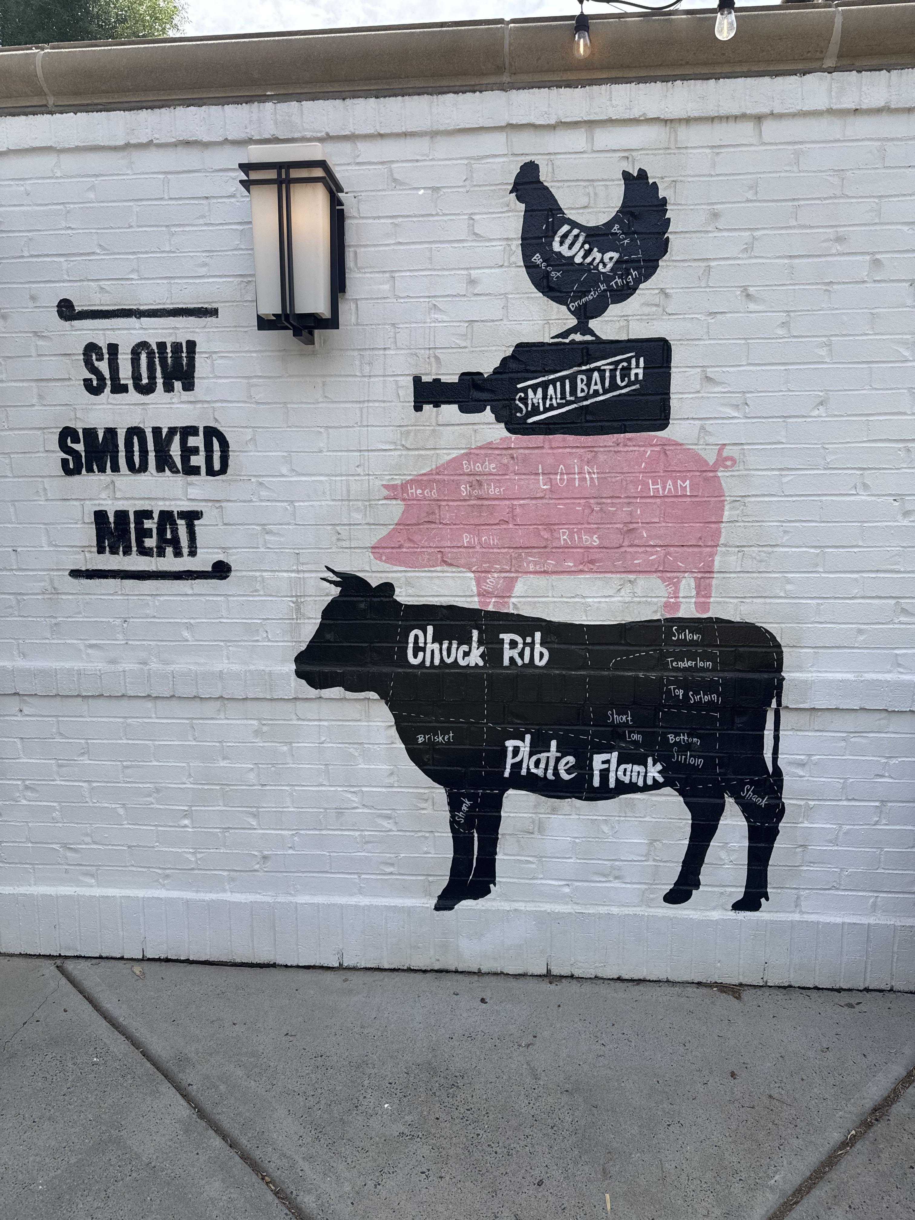 A mural on a wall at a barbecue restaurant, showing a "Bremen Town Musicians"-like stack of a cow with a big and bottle of bbq sauce and a chicken on top of each other.  The pig is pink, while the other items are black on a white-painted brick wall.  The legend to the side states "slow smoked meat."