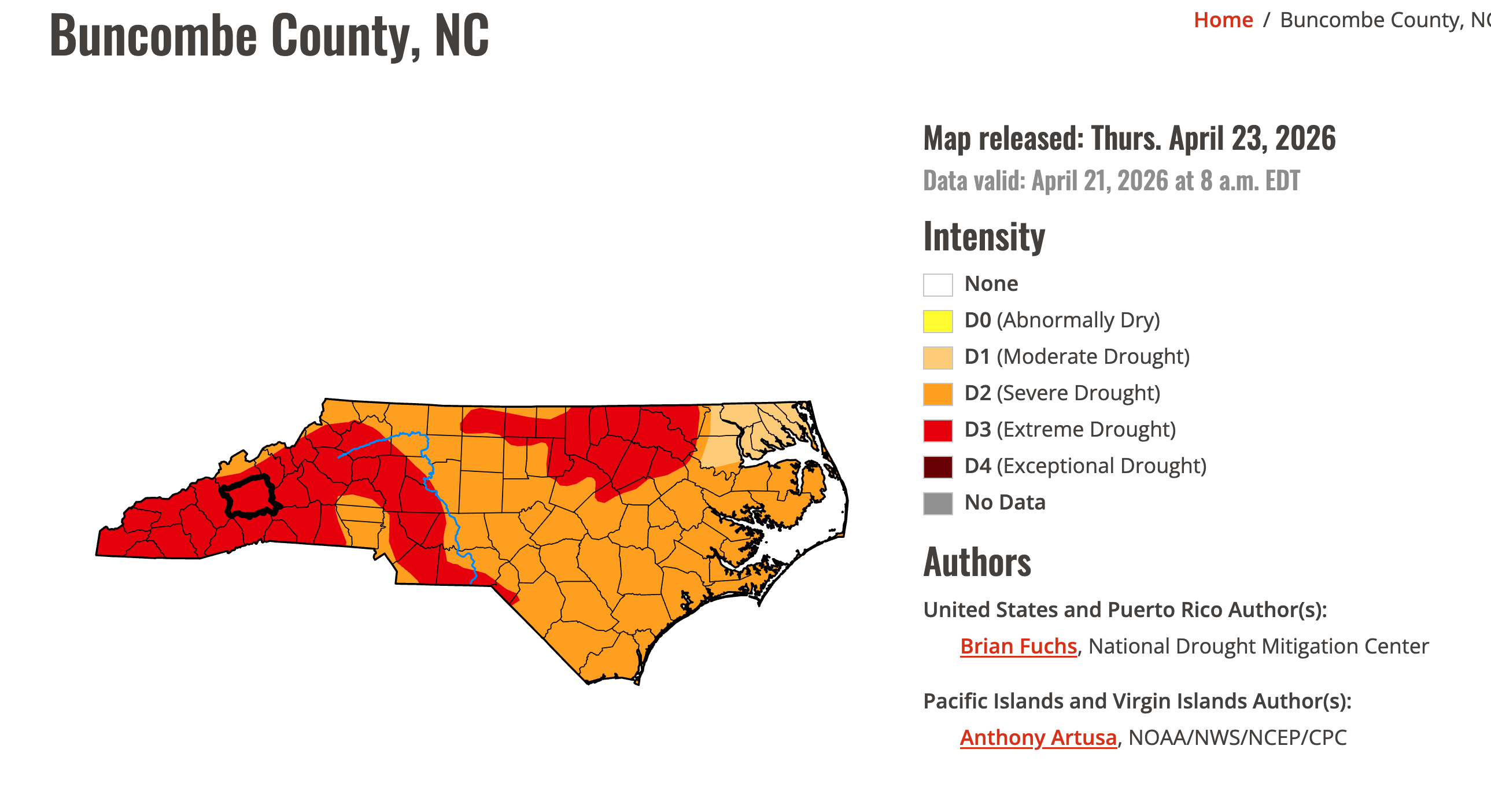 The state of North Carolina for the week of April 23, shows Buncombe County (Asheville) highlighted.  The whole state is in drought, but the 2 sections of Extreme are still separate.  The map is primarily orange and red, indicating levels 3 and 4 or the water shortages.