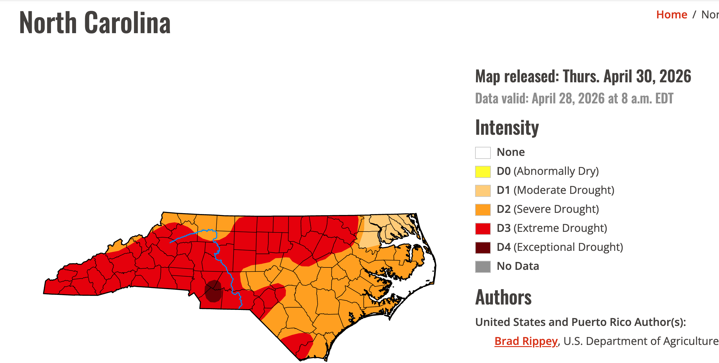 Today's map has merged the 2 previously disparate sections of Extreme Drought into a single swash across much of the state, and introduced the worst level "Exceptional Drought" in a splotch spanning parts of 4 counties in the southern central region.  This shows again the entire state in drought, and the conditions worsening.