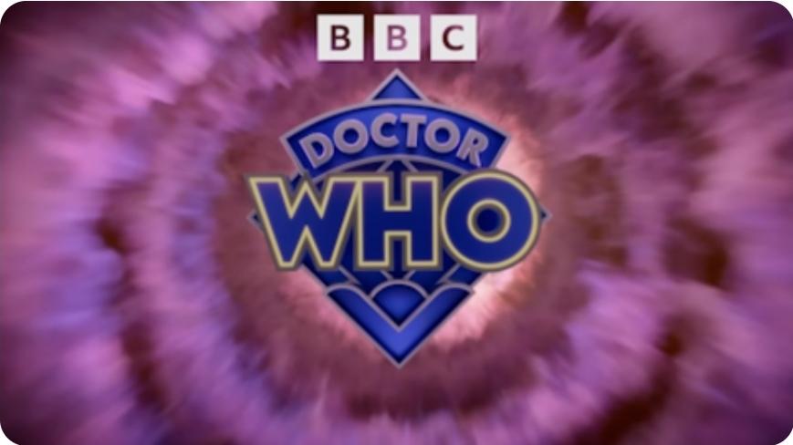 Pink and brown tie dyed looking image centered with blue BBC Doctor Who logo