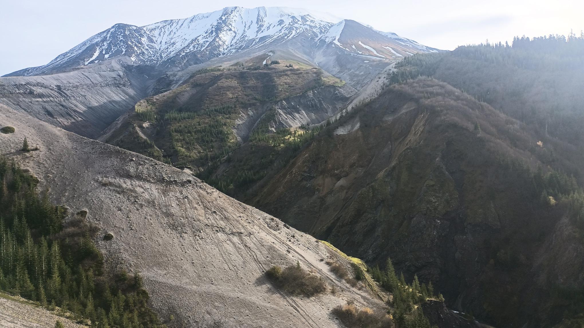 A view up the dramatically carved Toutle canyon of Loowit (mount saint Helens) from late last summer. Just a dusting of snow on the mountain.