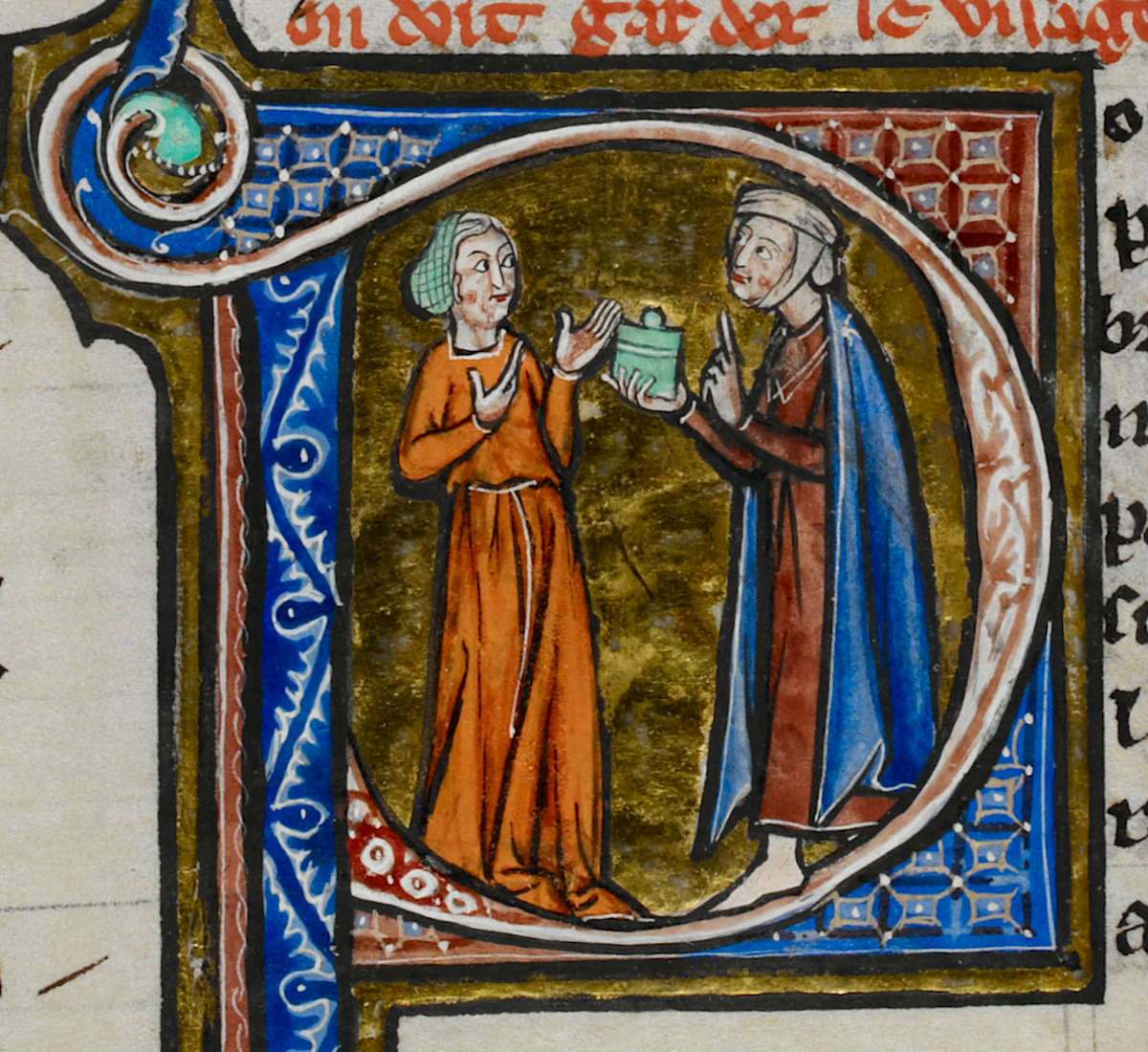 Two figures inside an illuminated capital P.  The figure on the left is clearly female, and wears a floor-length orange-red robe with a belt and a hair net.  The figure on the right is somewhat ambiguous; they are wearing a burgundy robe which is only ankle-length, a blue cloak, and some form of white headdress.  They are presenting a light green container which may be a flask of perfume to the figure on the left, who is looking very surprised and is almost certainly saying something like "Oh no, you really shouldn't have!  That's *terribly* expensive stuff!"