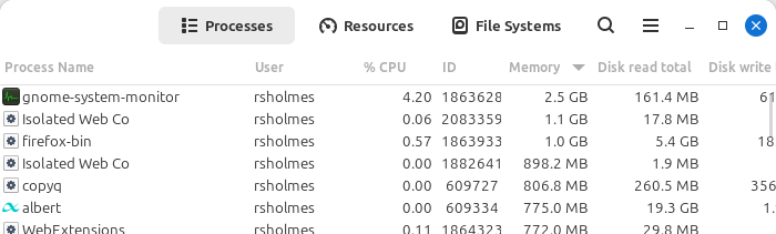 System monitor screenshot, showing GNOME System Monitor using 2.5 GB memory